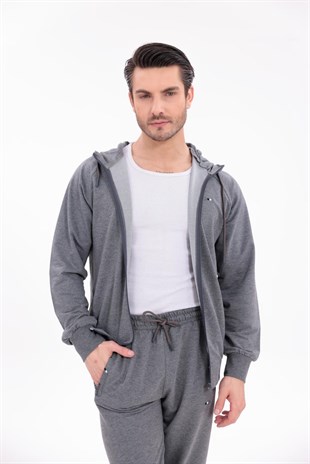 Füme Modern Konfor Kapüşonlu Fermuarlı Üst ve Jogger Alt Eşofman Takımı