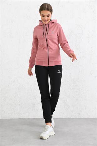 Gül Kurusu Kapüşonlu Fermuarlı  Penye Kumaşı Bayan Eşofman Takımı