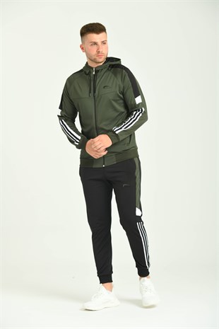 Kolda Şerit Kapşunlu Dalgıç Haki Erkek Eşofman Takımı