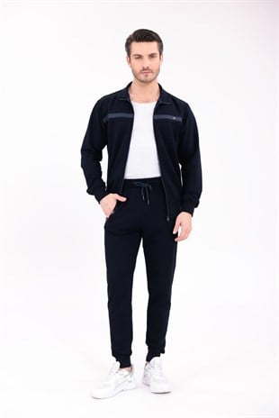 Lacivert Noir Line Kapüşonsuz Fermuarlı Üst ve Jogger Alt Eşofman Takımı