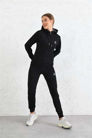 Siyah Kapüşonlu Fermuarlı  Penye Kumaşı Bayan Eşofman Takımı