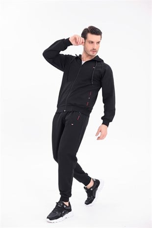 Siyah Modern Konfor Kapüşonlu Fermuarlı Üst ve Jogger Alt Eşofman Takımı