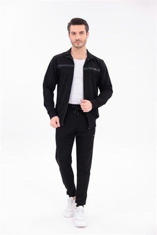 Siyah Noir Line Kapüşonsuz Fermuarlı Üst ve Jogger Alt Eşofman Takımı