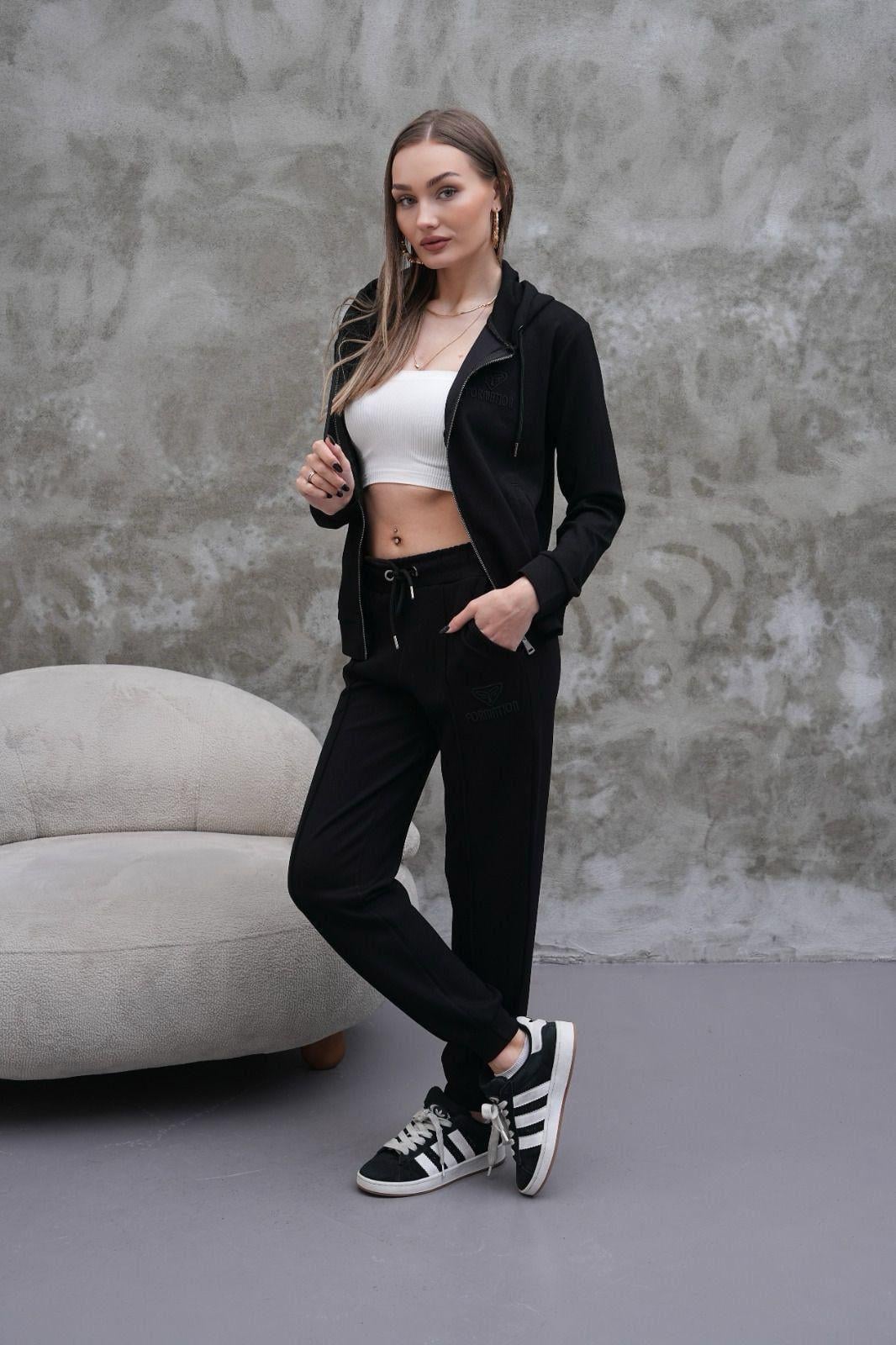 Siyah Çımalı Bayan Spor Eşofman Takımı