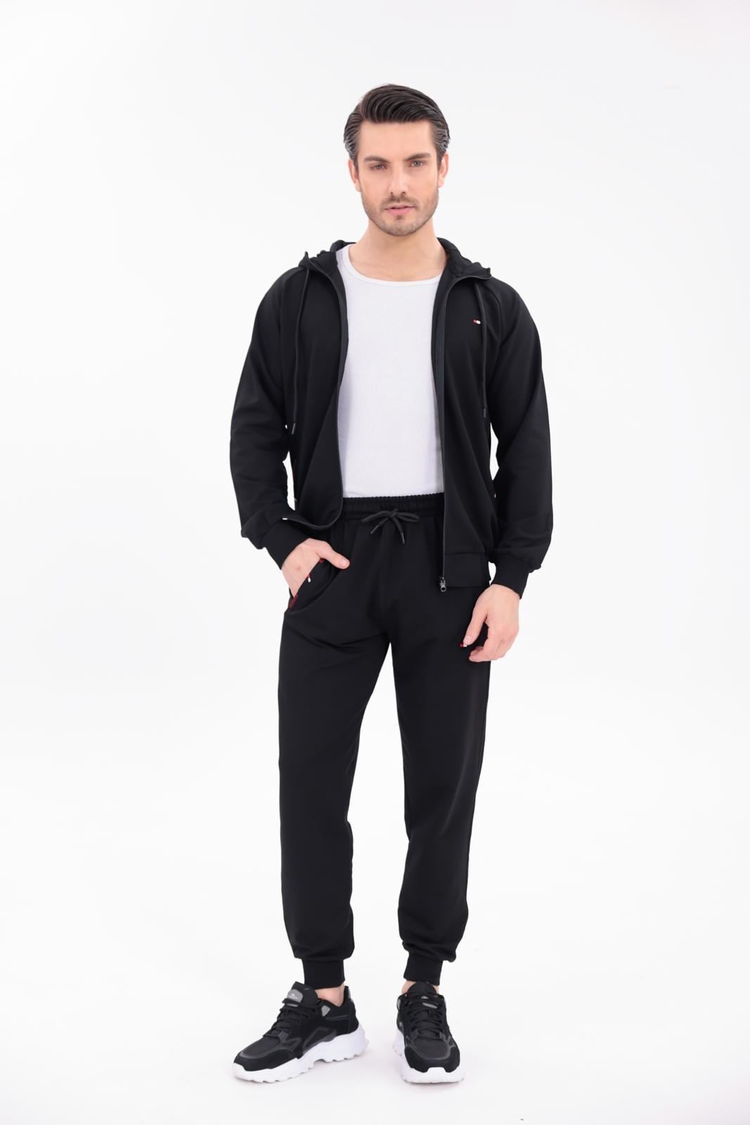 Siyah Modern Konfor Kapüşonlu Fermuarlı Üst ve Jogger Alt Eşofman Takımı