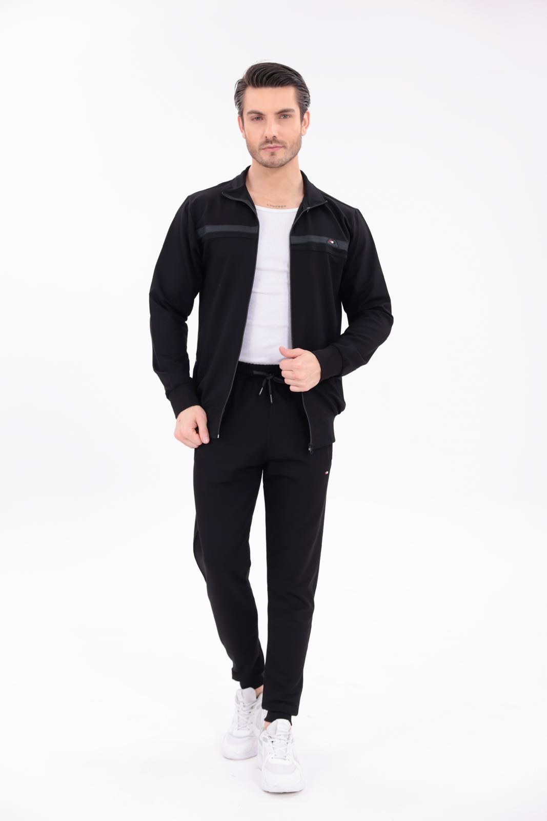 Siyah Noir Line Kapüşonsuz Fermuarlı Üst ve Jogger Alt Eşofman Takımı