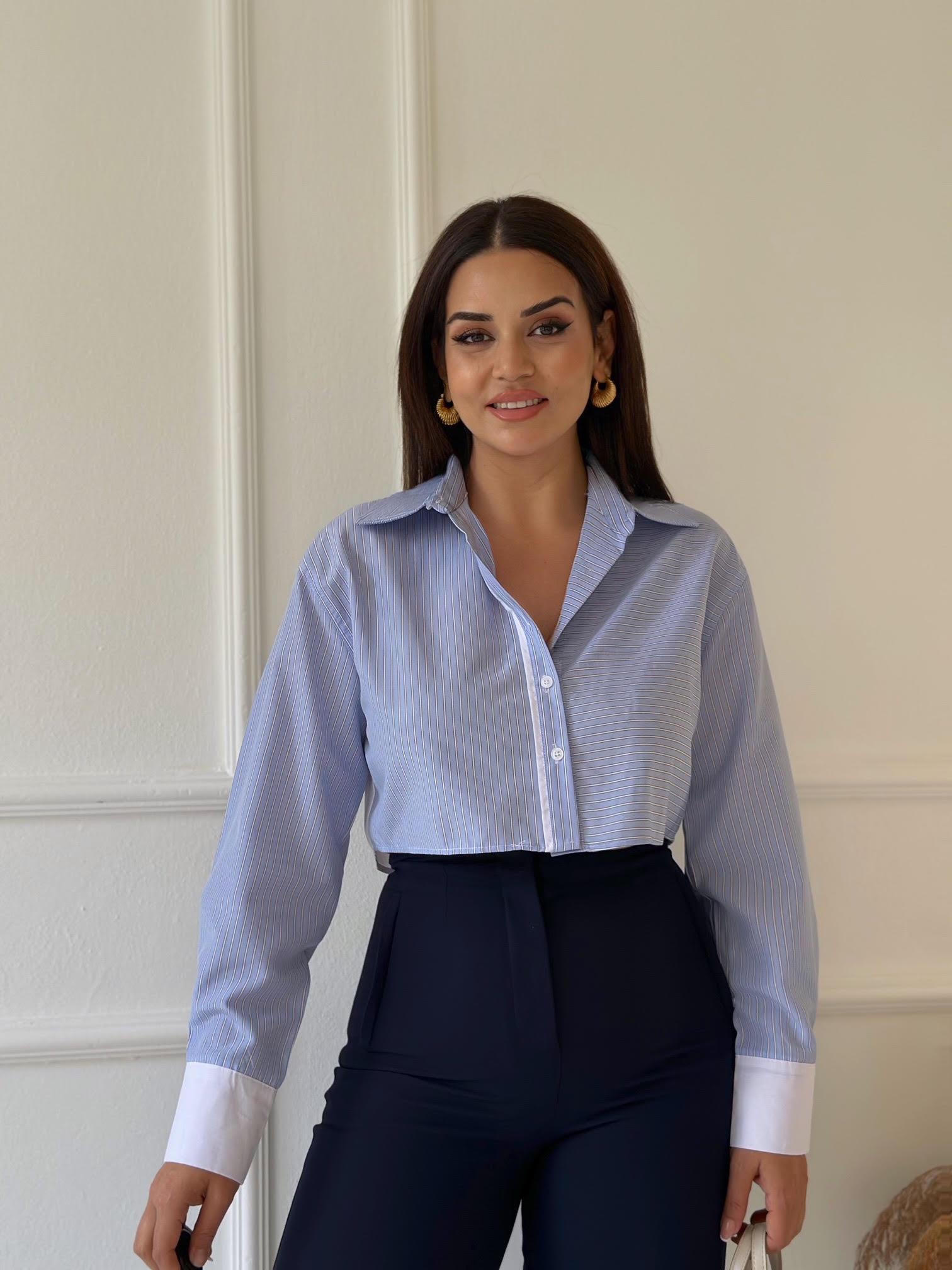 Açık Mavi Çizgili Pamuklu Poplin Crop Gömlek