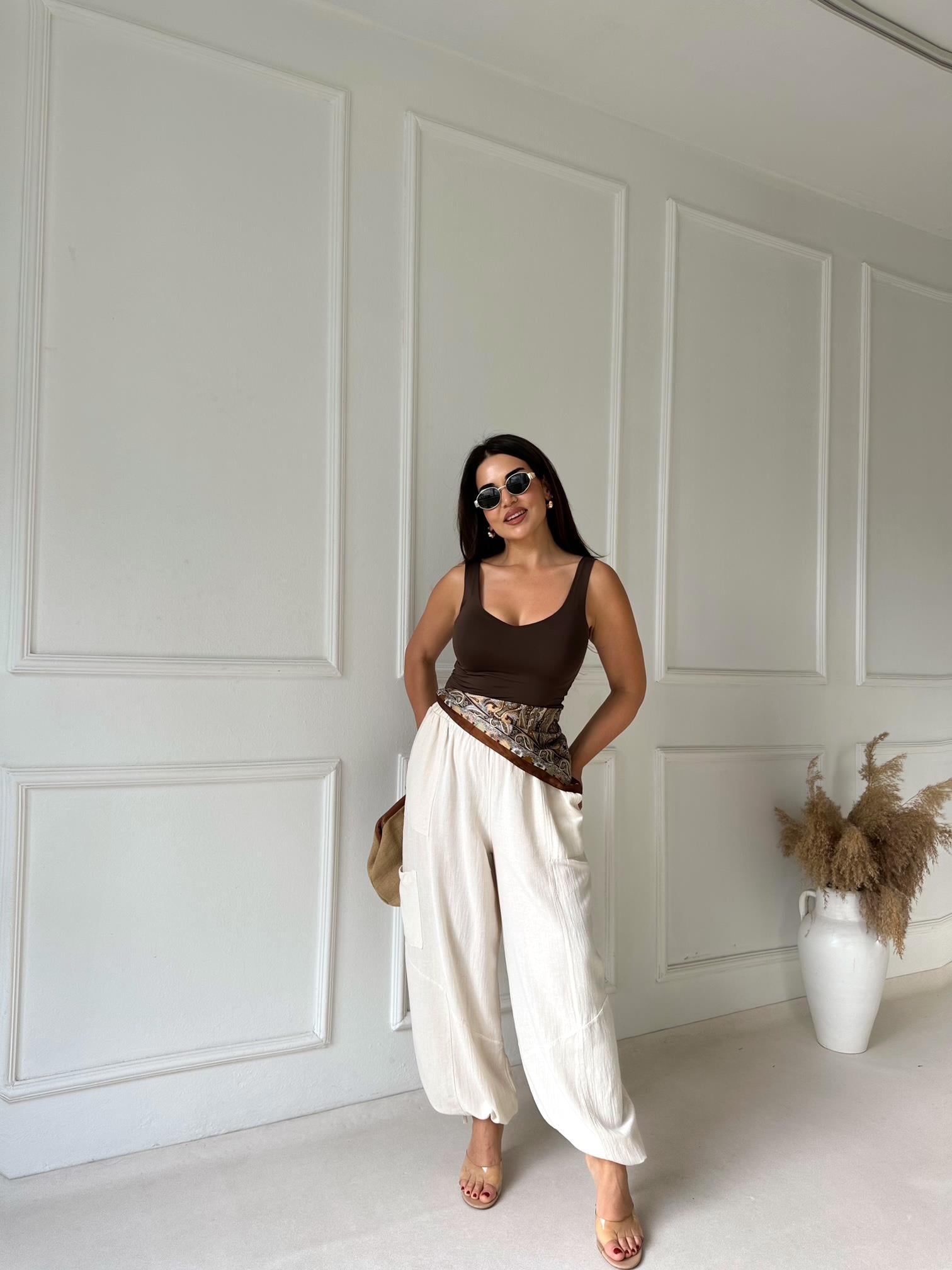 Baggy Comfort Keten Pantolon - Bej