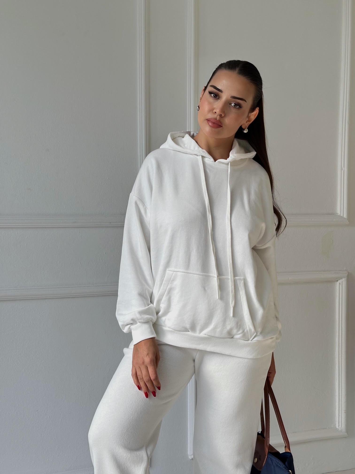 Beyaz Kapişonlu Sweat