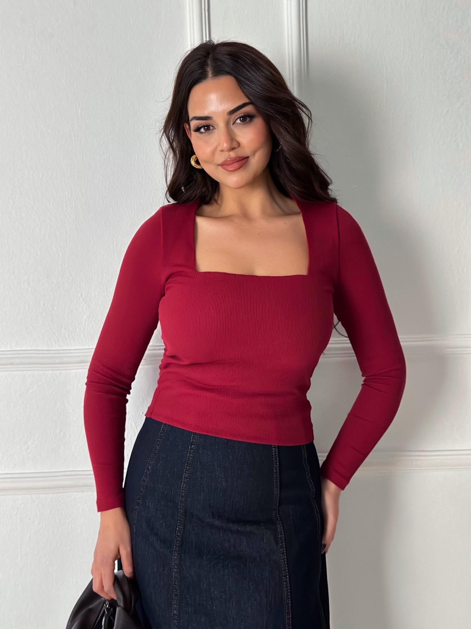 Bordo Kare Yaka Pamuklu Basic Bluz