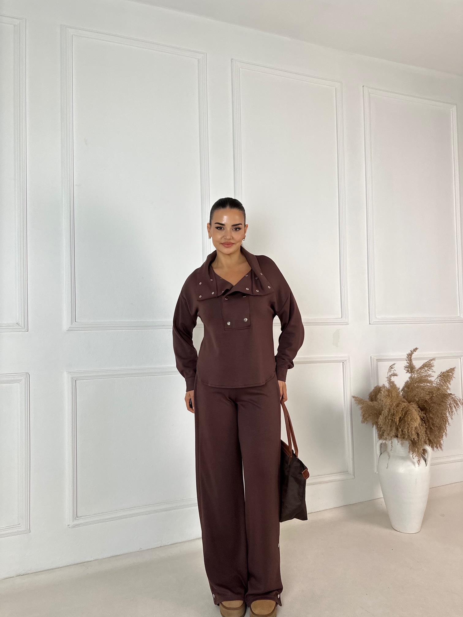 Çift Çıtçıt Detaylı Spor Şık Takım - Kahve