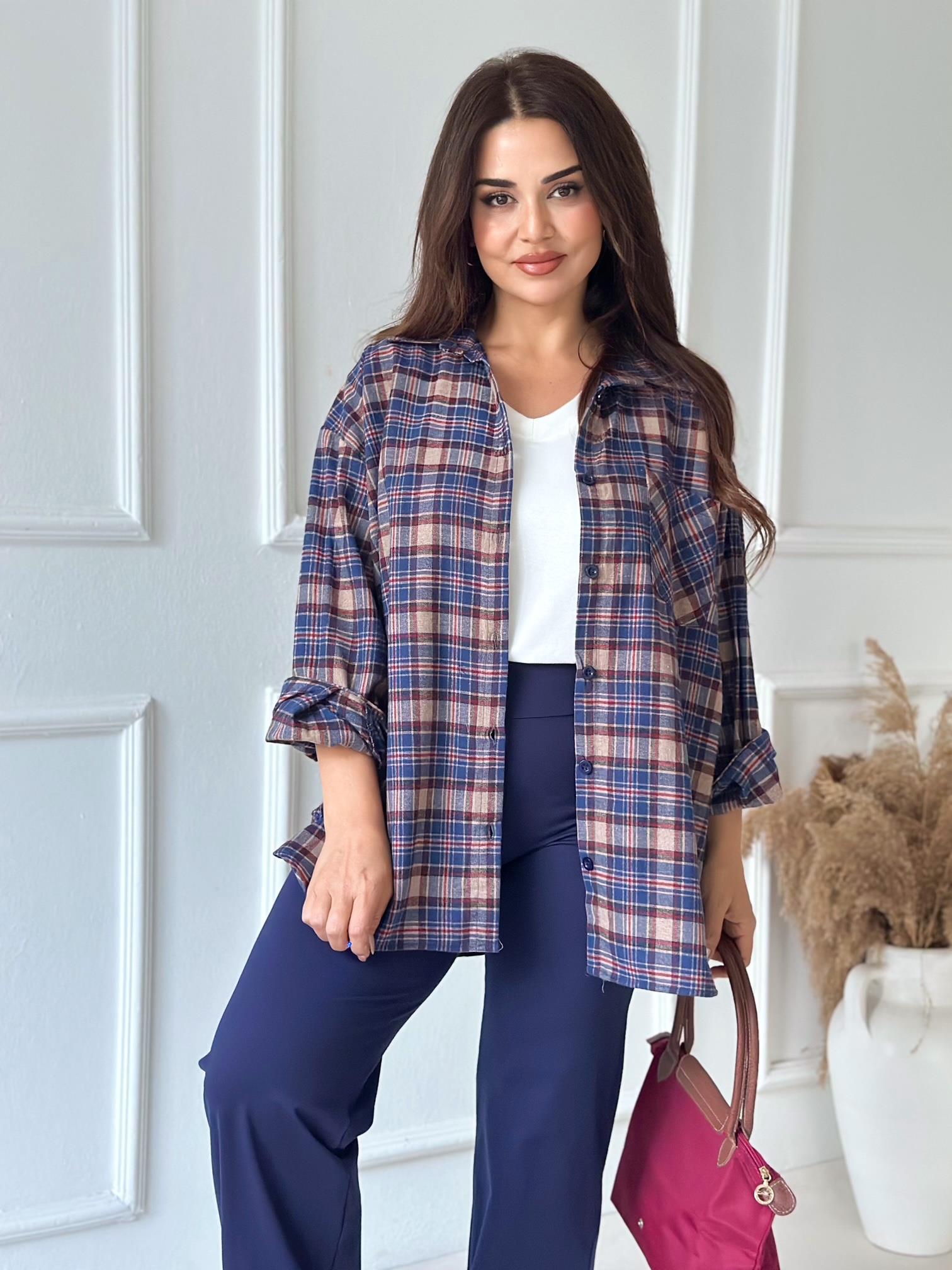 Ekose Oversize Gömlek – Lacivert