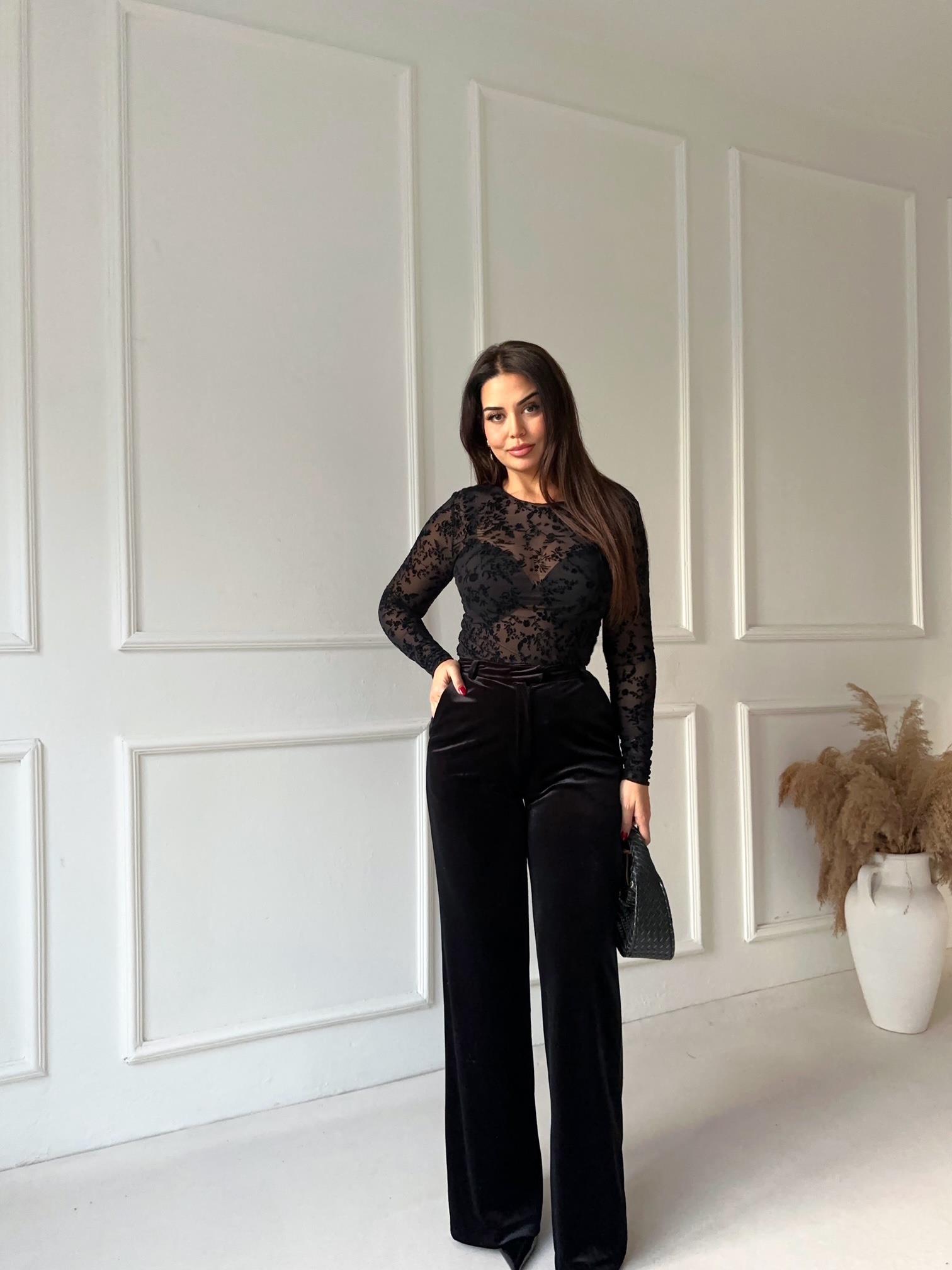 Kadife Palazzo Pantolon Siyah | Nora Butik