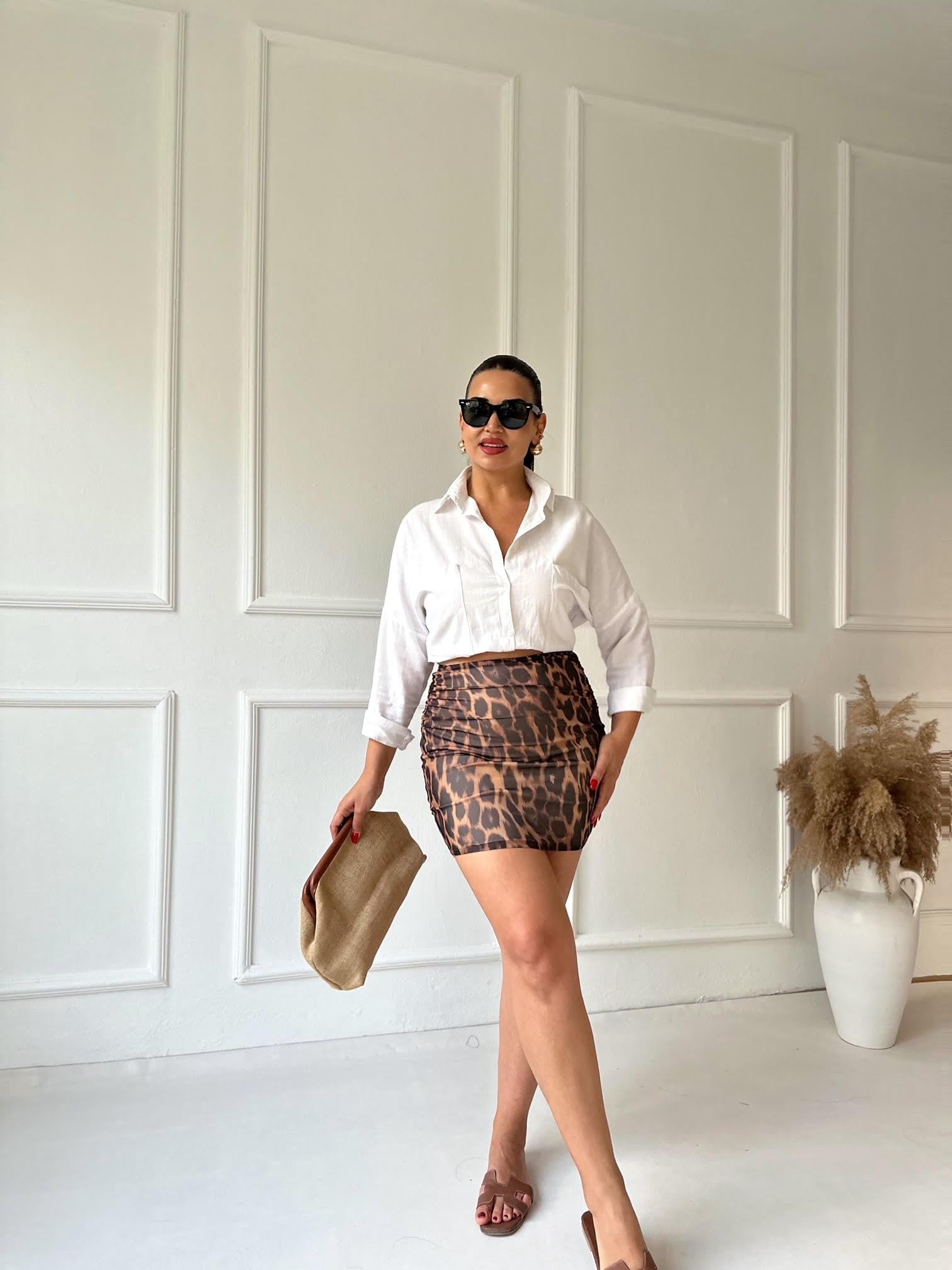 Leopar Desenli Drapeli Mini Etek