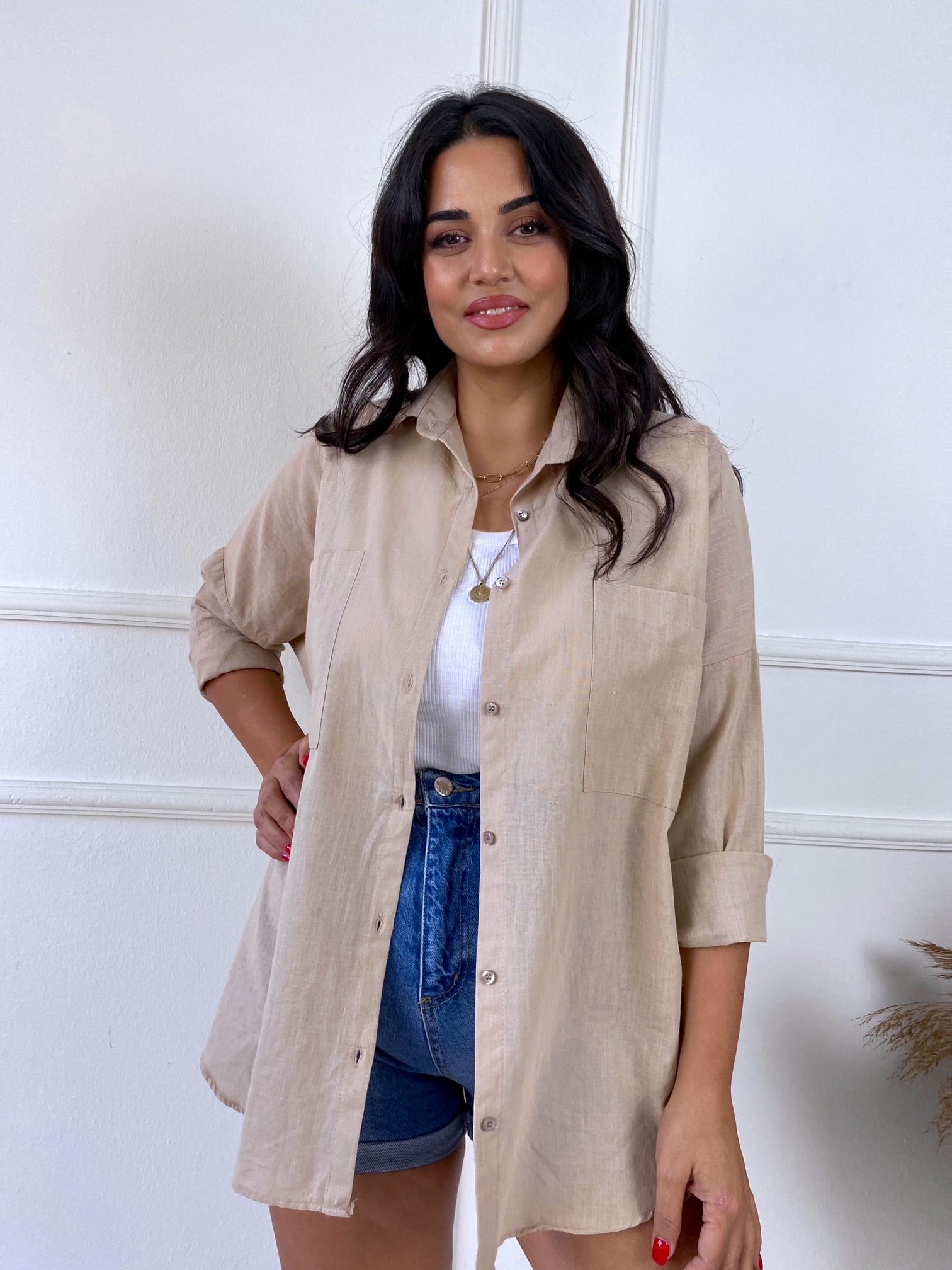 Lüks Kalite Çift Cepli Bej Keten Gömlek | Nora Butik