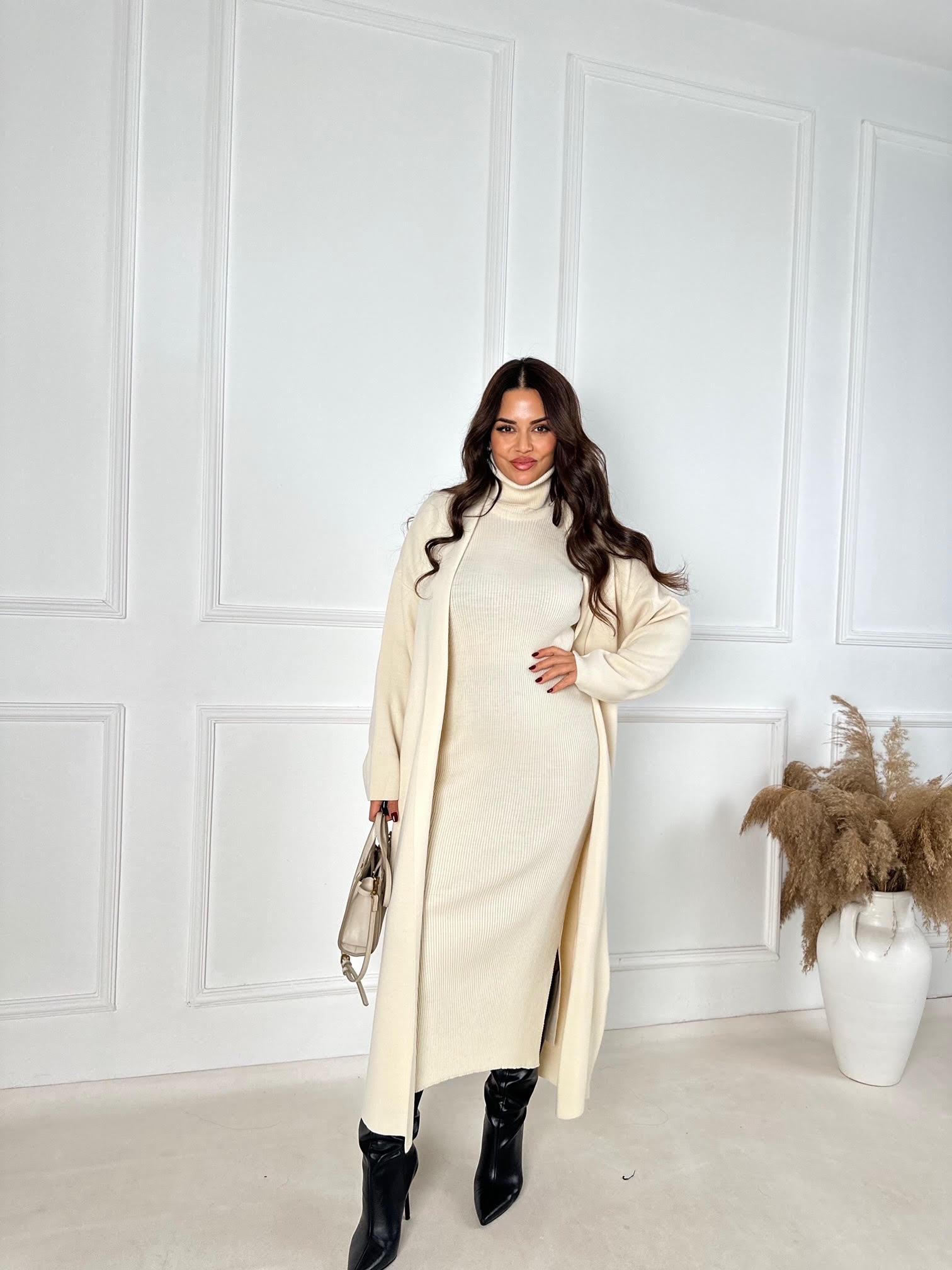 Lüks Kalite Ekru Kolsuz Triko Elbise Ve Hırka Takım | Nora Butik