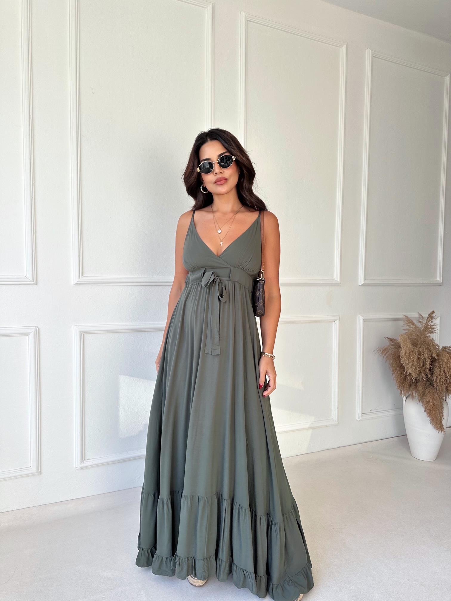 Lüks Kalite Haki Maksi Elbise - Nora Butik