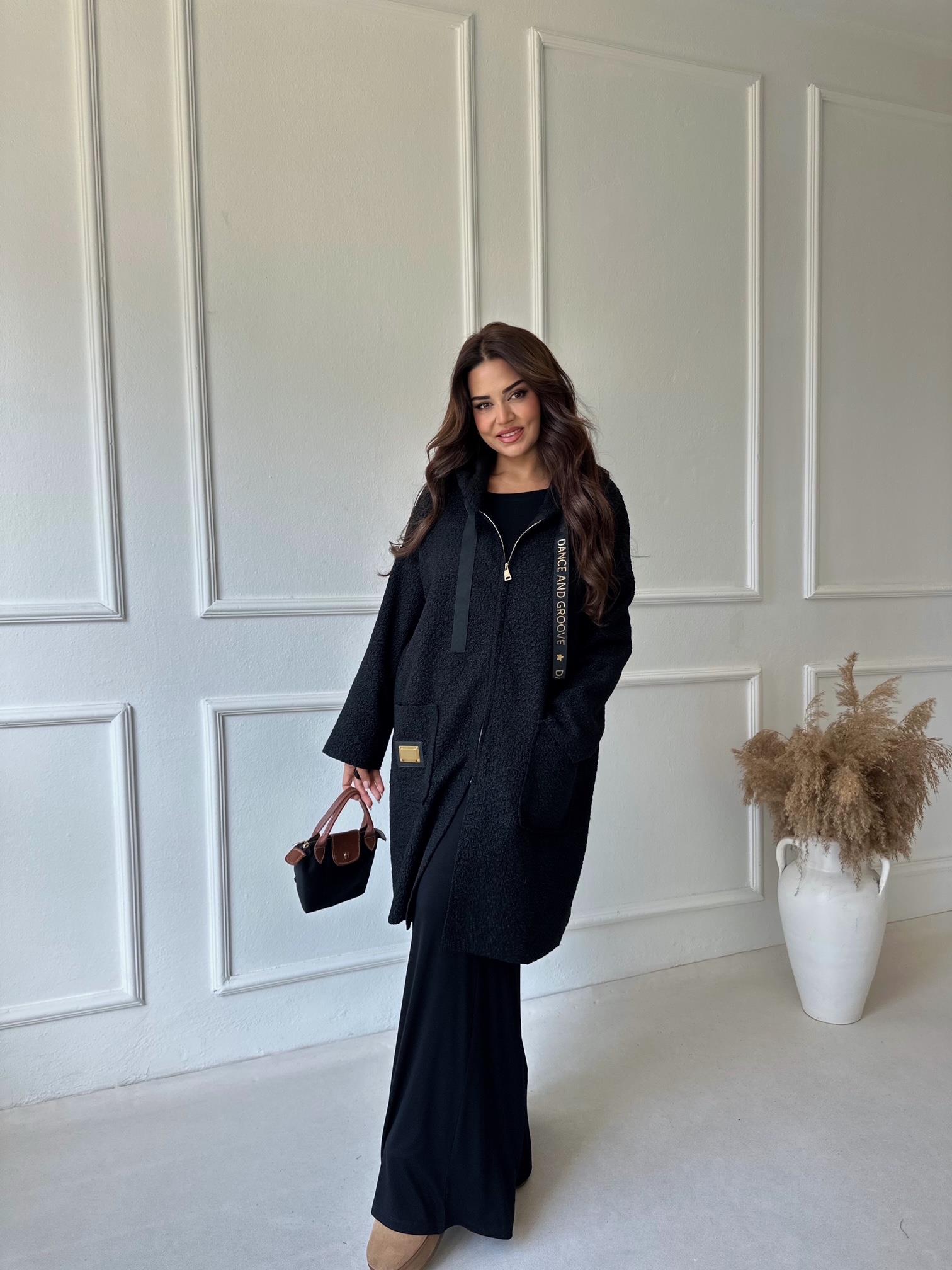 Lüks Kalite Kapişonlu Siyah Buklet Kaban