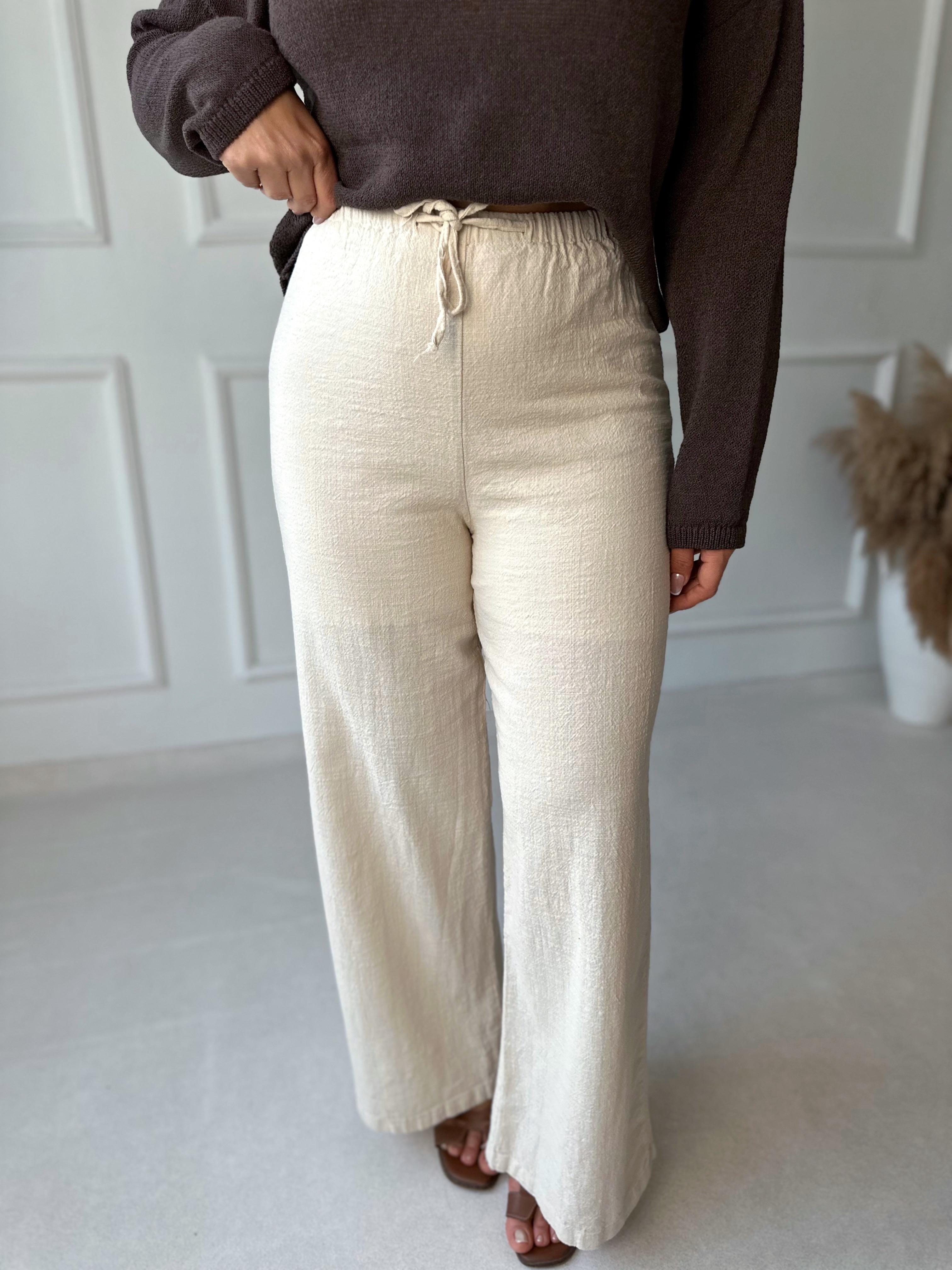 Lüks Kalite Keten Görünümlü Beli Lastikli Bol Paça Pantolon Bej