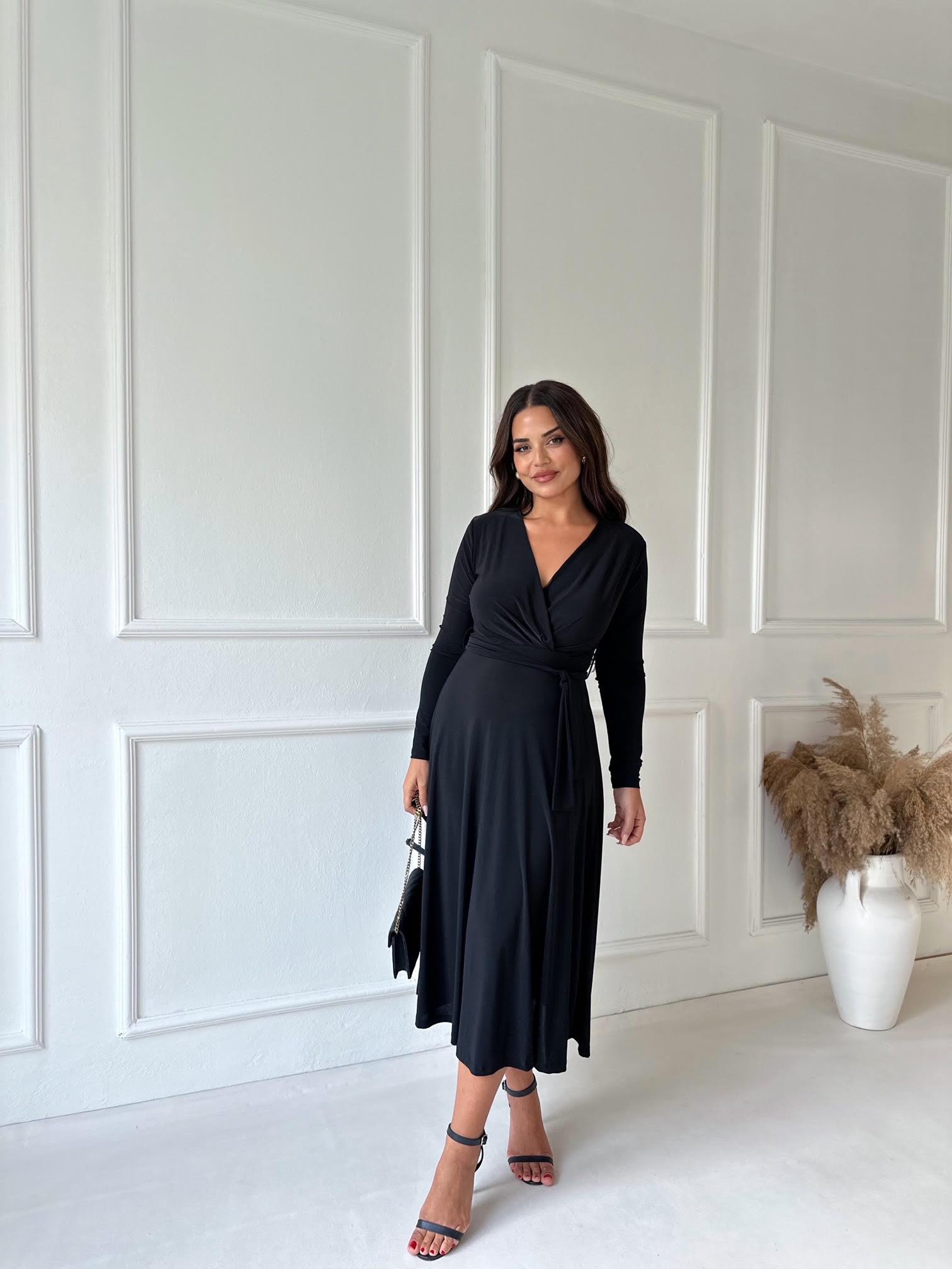 Lüks Kalite Kruvaze Yaka Kloş Etekli Siyah Midi Elbise