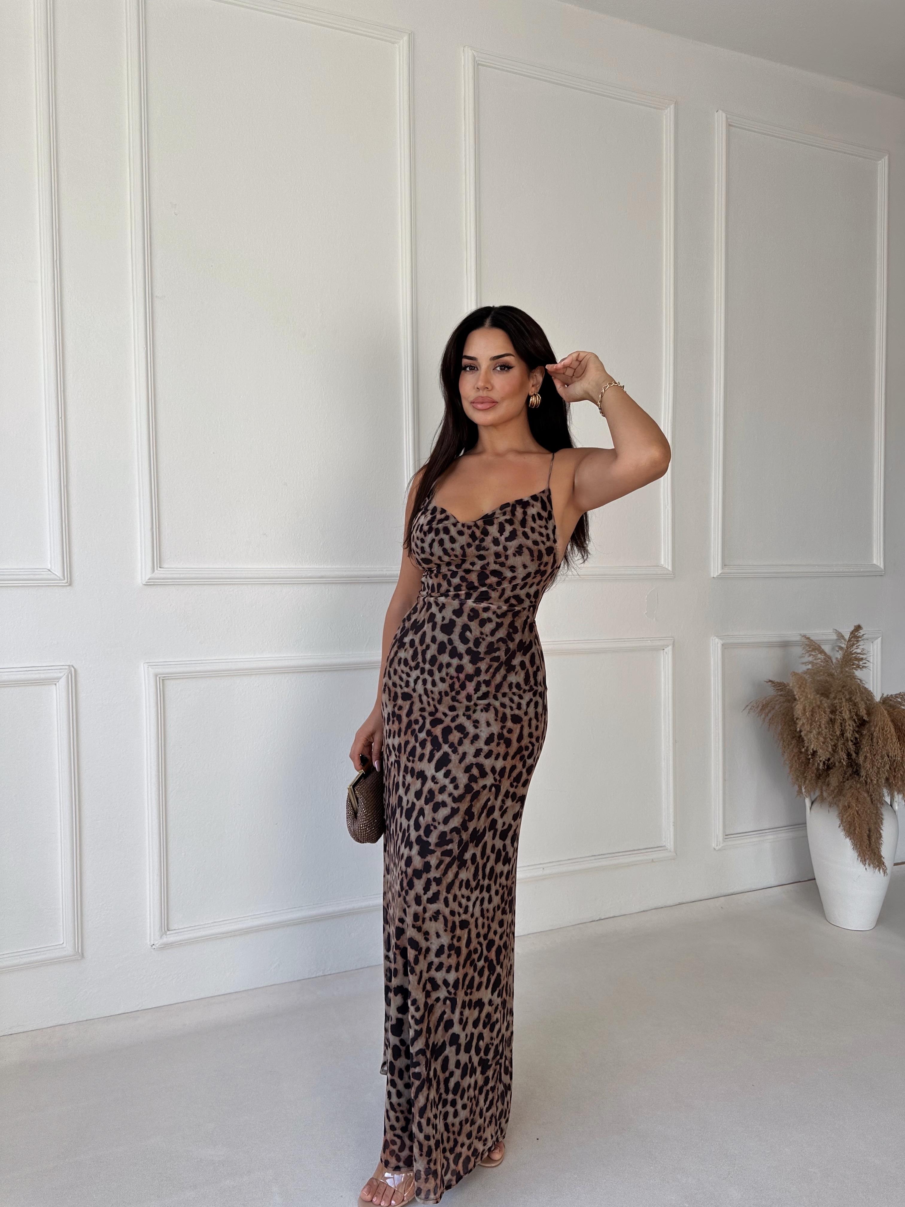 Lüks Kalite Leopar Desen Maksi Elbise | Nora Butik