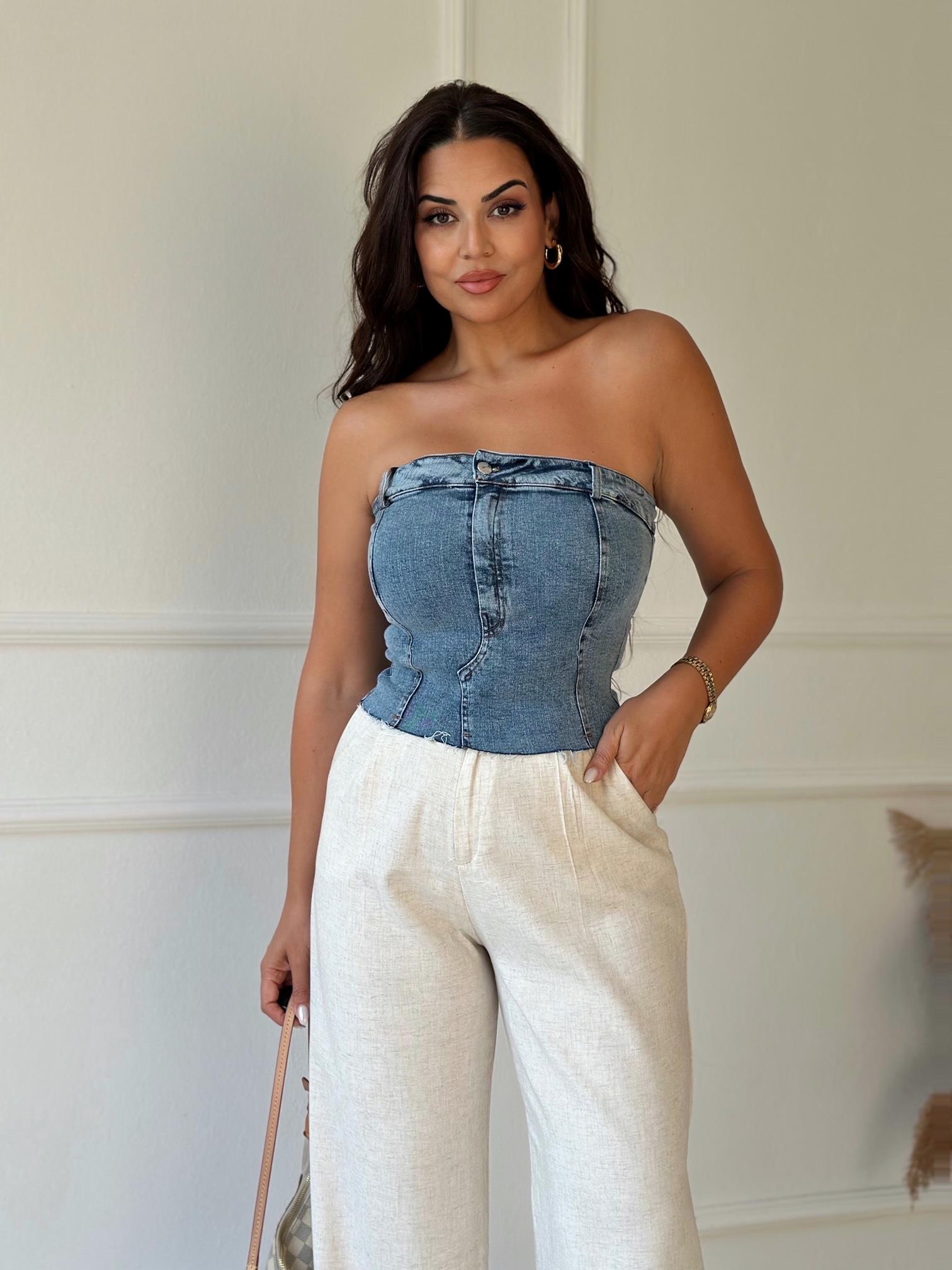 Lüks Kalite Likralı Denim Straplez Bluz