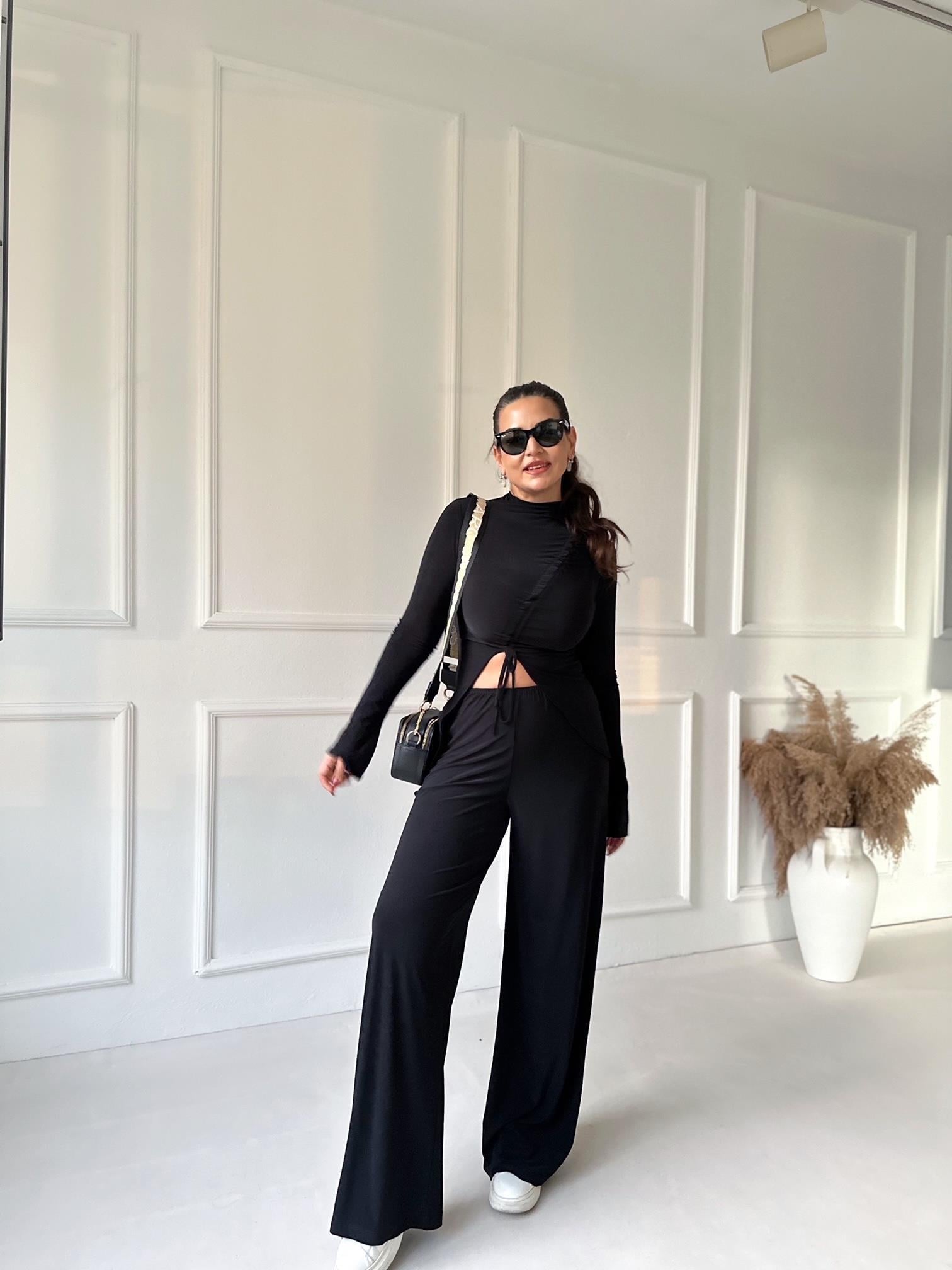 Lüks Kalite Siyah Büzgülü Bluz Bol Paça Pantolon Takım | Nora Butik