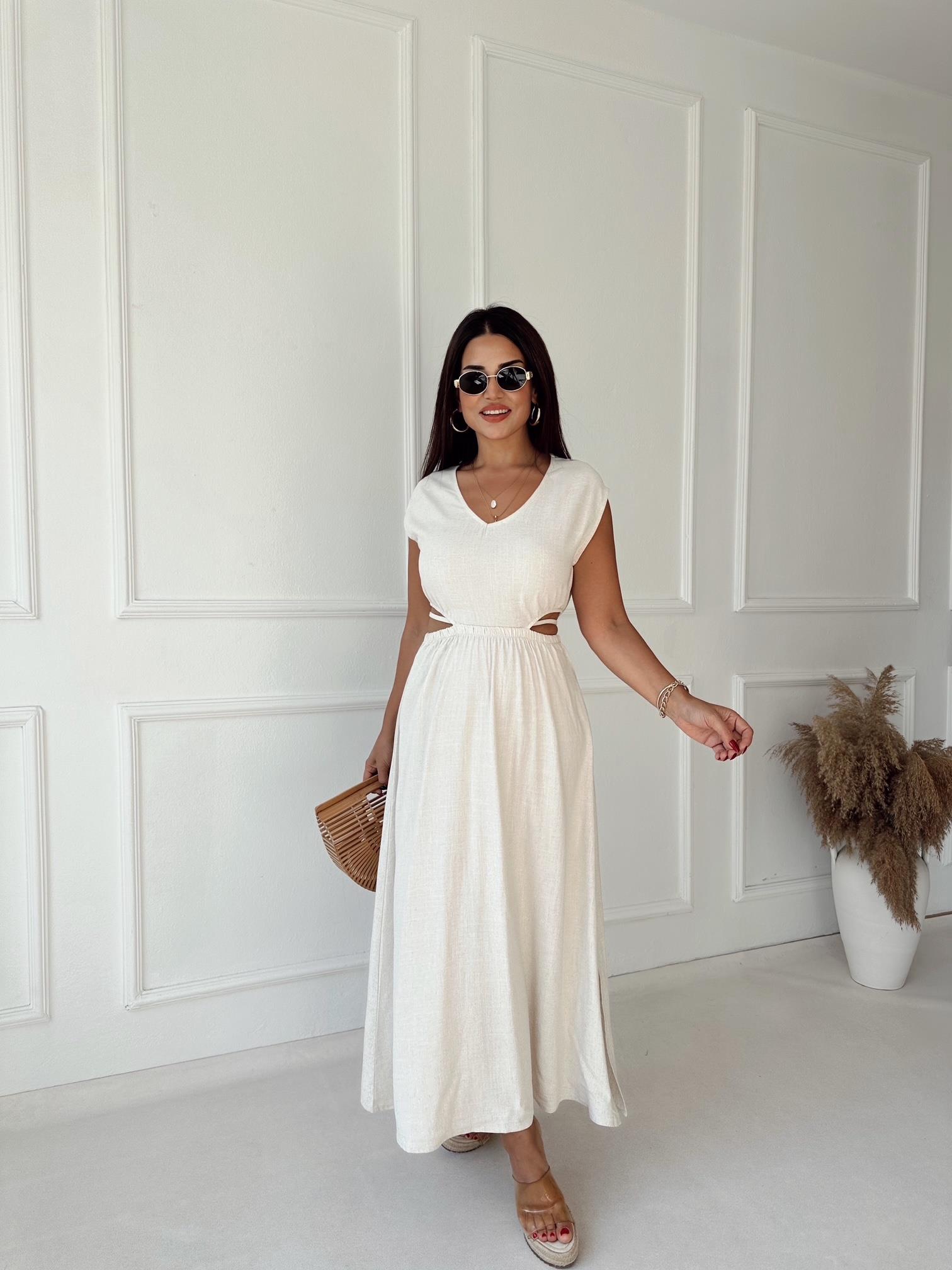 Lüks Kalite V Yaka Bel Detaylı Bej Keten Elbise