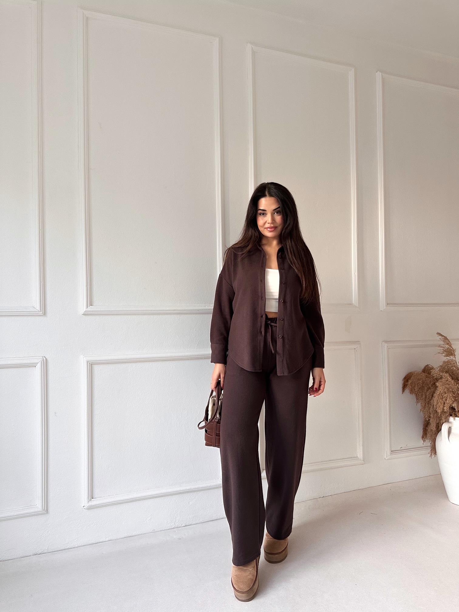 Luna Comfort Pantolon ve Gömlek Takım - Kahverengi 