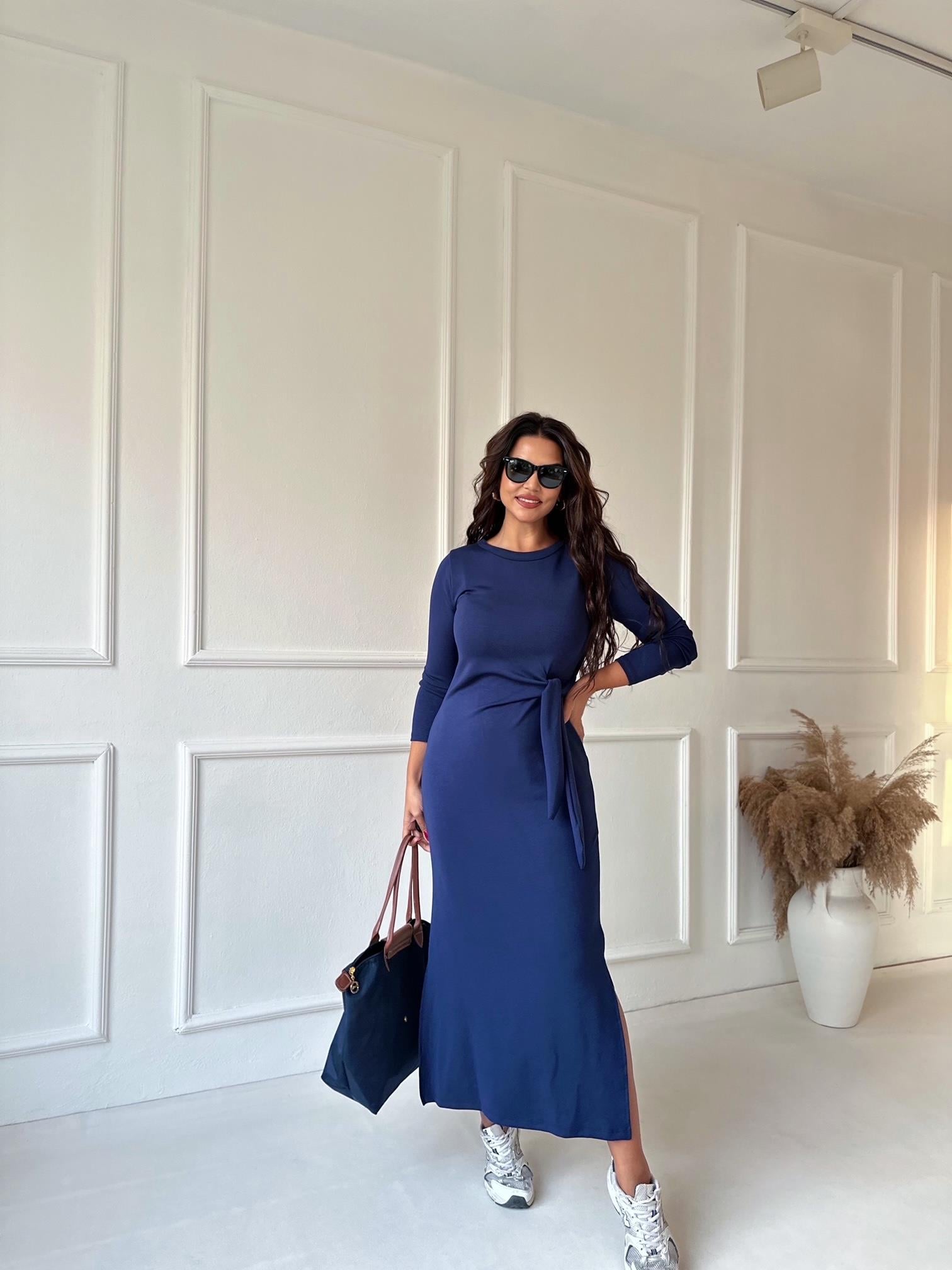 Marka Model Önden Bağlamalı Uzun Kollu Pamuklu Lacivert Kalem Elbise