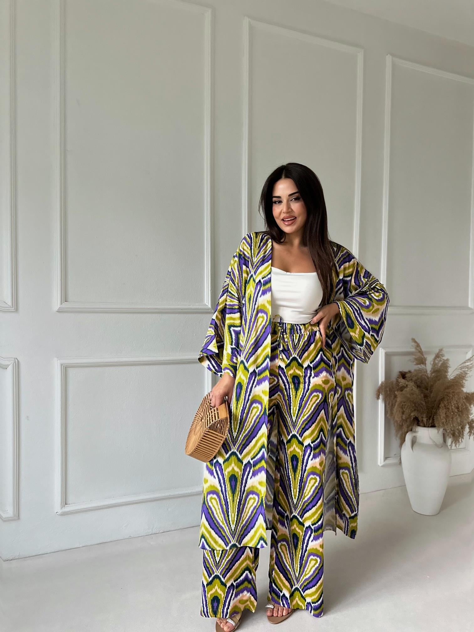 Nomad Kimono Pantolon Takım - Yeşil Etnik Desen