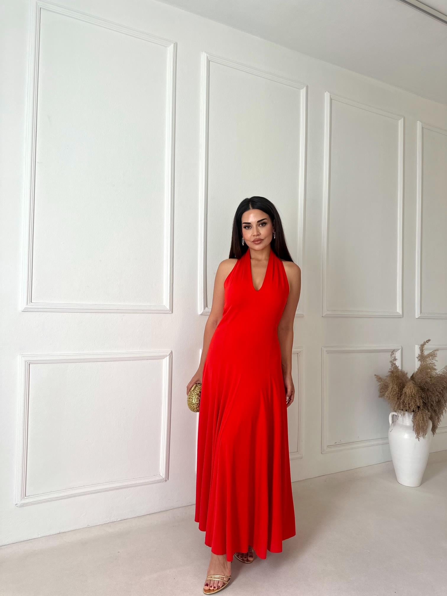 Nora Sculpt Halter Maxi Elbise - Nar Çiçeği