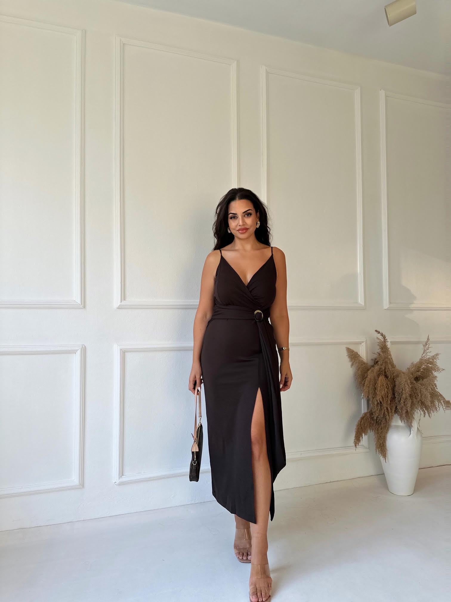 Orijinal Marka Acı Kahve Askılı Midi Elbise