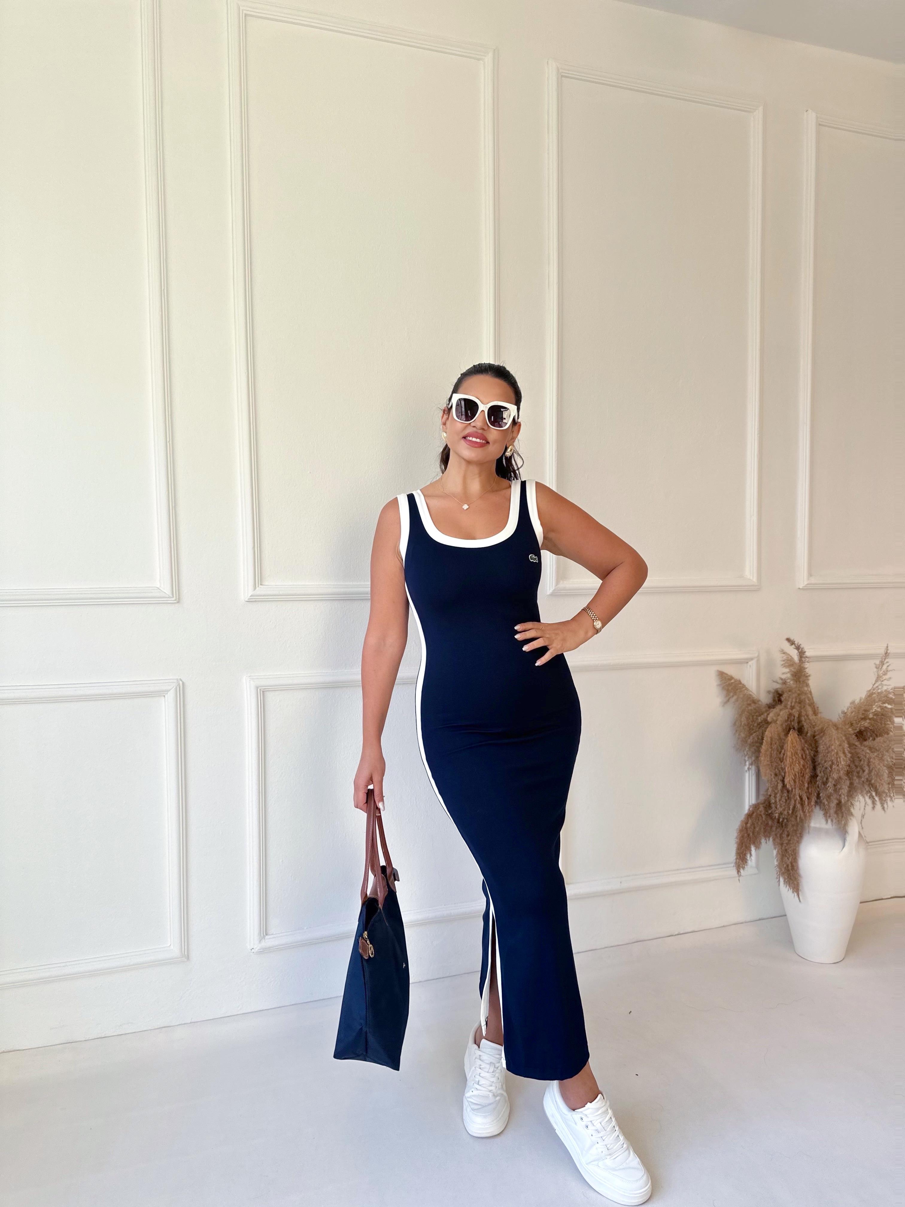 Orijinal Marka Beyaz Şeritli Lacivert Elbise 