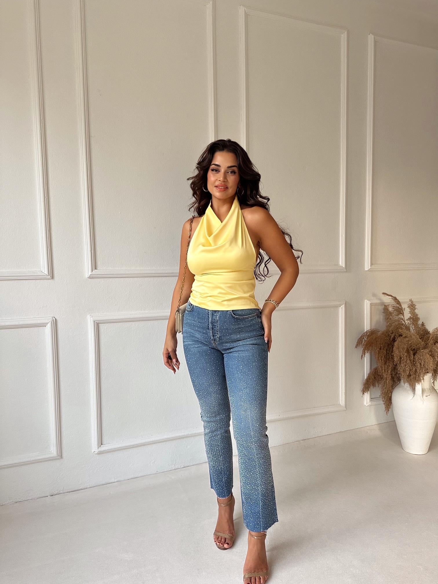 Orijinal marka tam yüksek bel taşlı likralı boyfit jean - Nora Butik