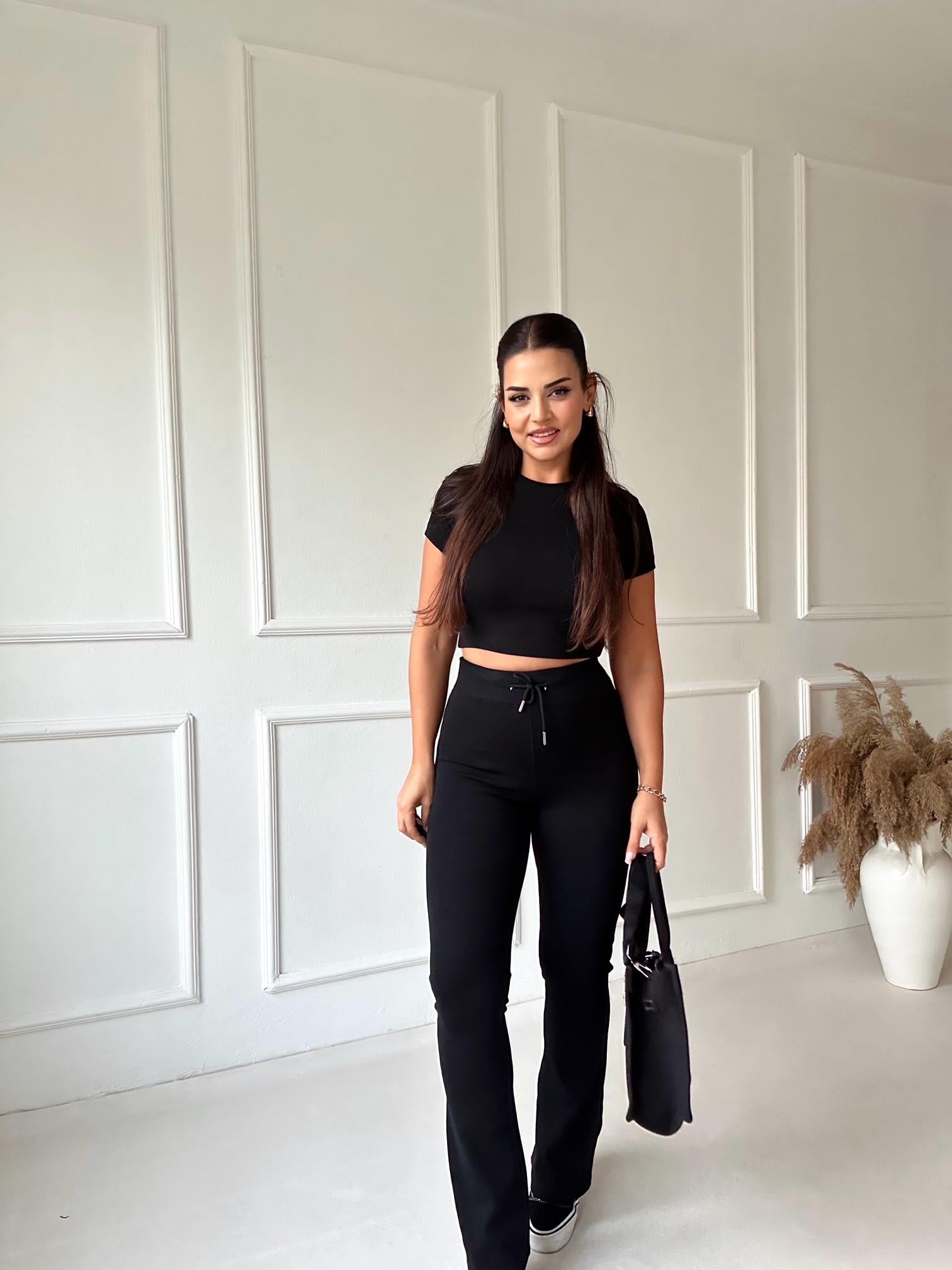 Orijinal Marka Yüksek Bel İspanyol Paça Pantolon Crop Siyah Takım