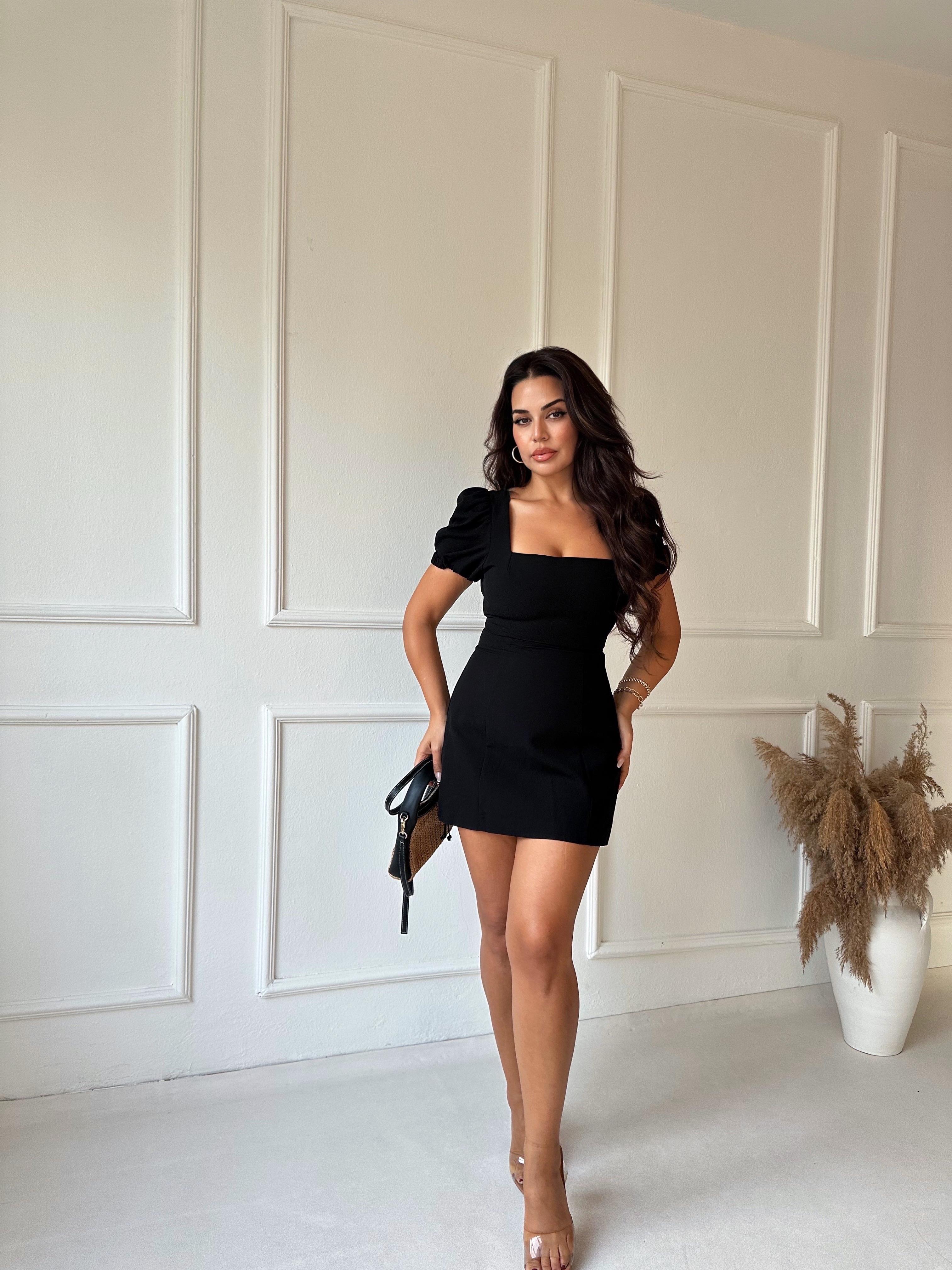 Orjinal Marka Karpuz Kollu Sırt Dekolteli Siyah Mini Elbise