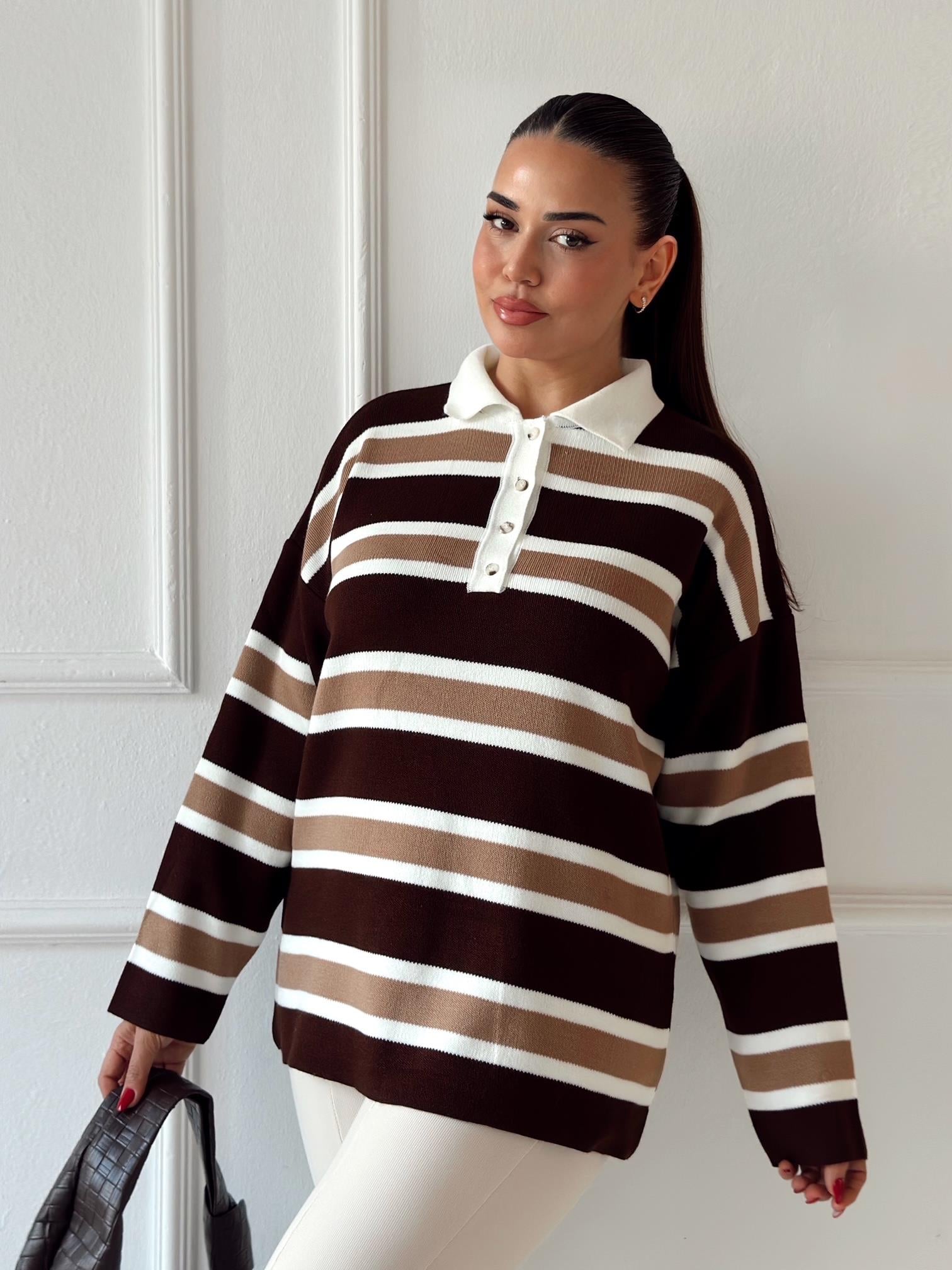 Oxford Seri Çizgili Polo Yaka Triko Kazak – Kahve / Bej