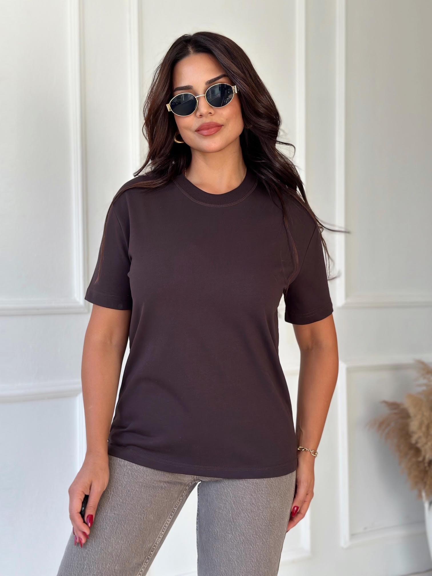 Premium Kalite Dekoratif Dikişli Tişört - Acı Kahve 