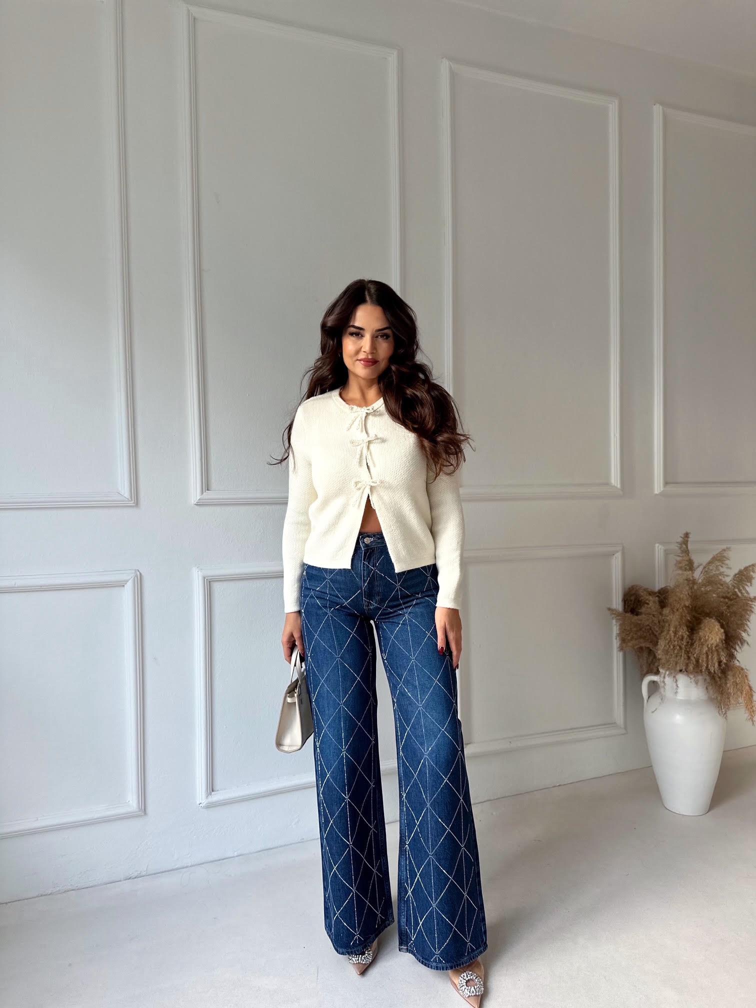 Premium Kalite Geometrik Taş İşlemeli Yüksek Bel Wide Leg Denim Pantolon