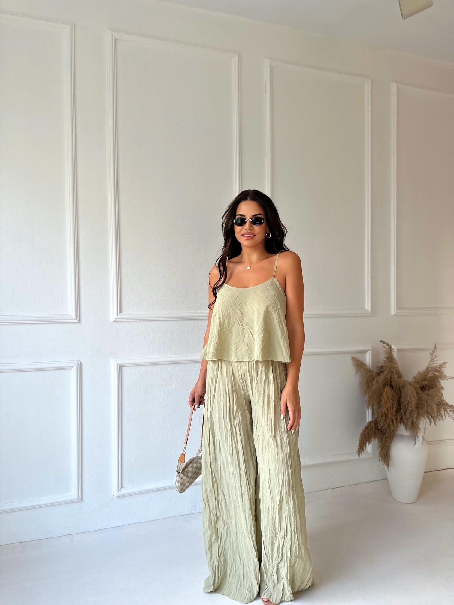 Premium Kalite Pamuklu Krinkıl Kumaş Bluz Pantolon Takım Çağla Yeşili | Nora Butik