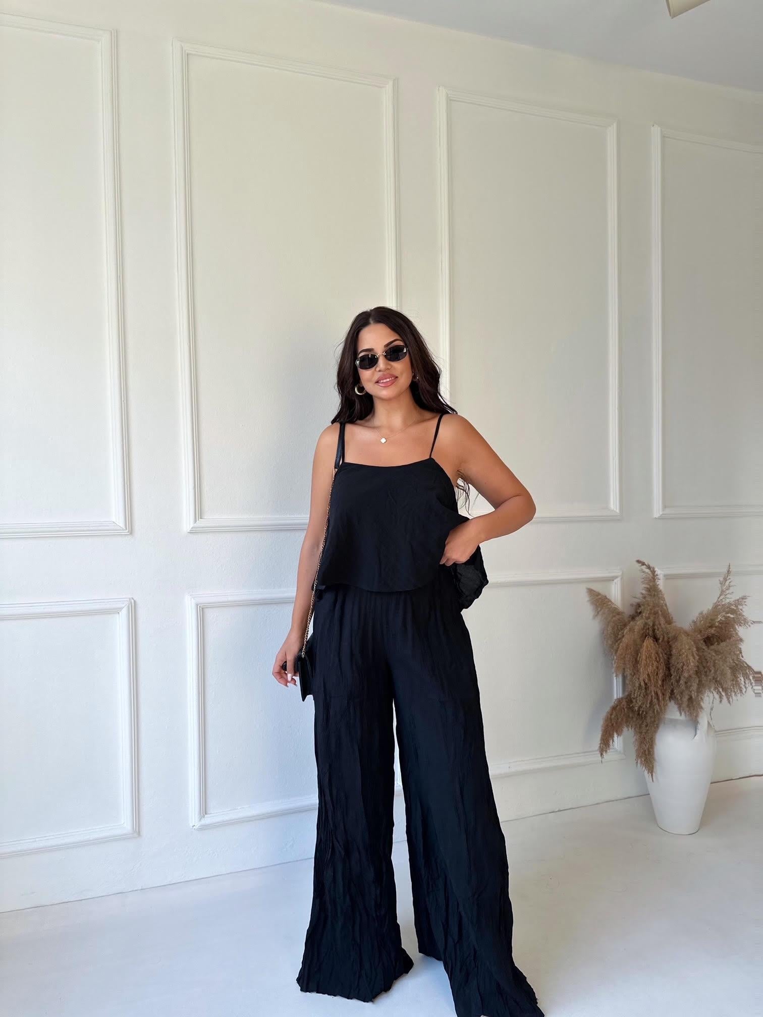 Premium Kalite Pamuklu Krinkıl Kumaş Bluz Pantolon Takım Siyah | Nora Butik