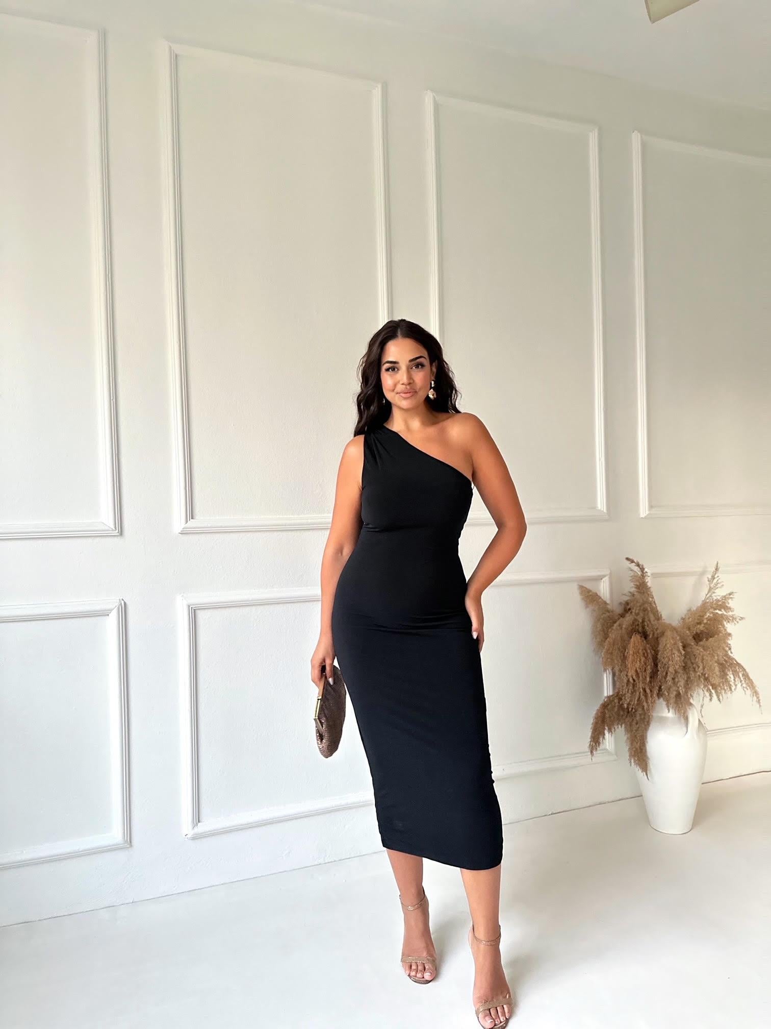 Premium Kalite Tek Omuz Toparlayıcı Midi Elbise