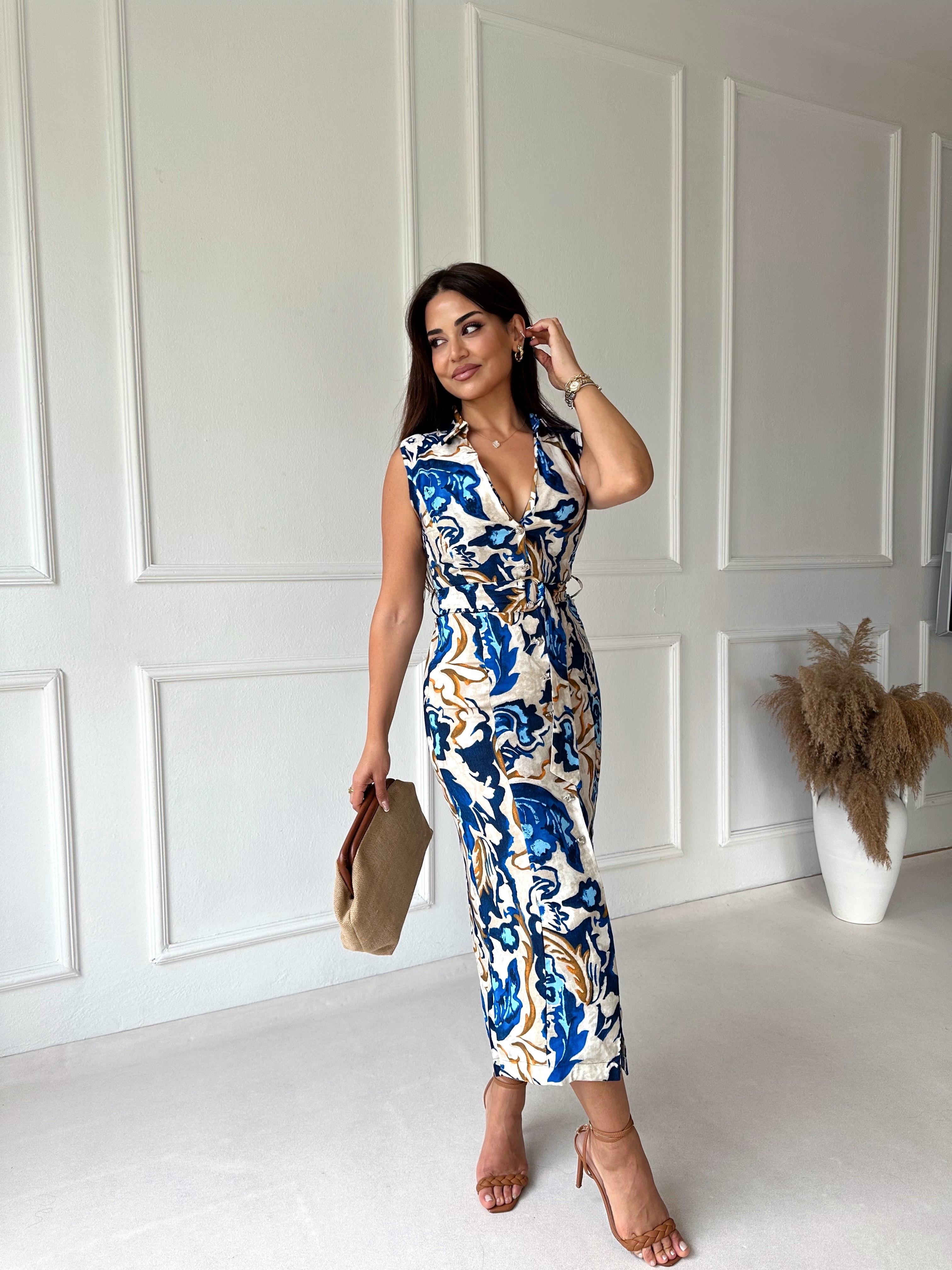 Şal Desen Kolsuz Gömlek Elbise