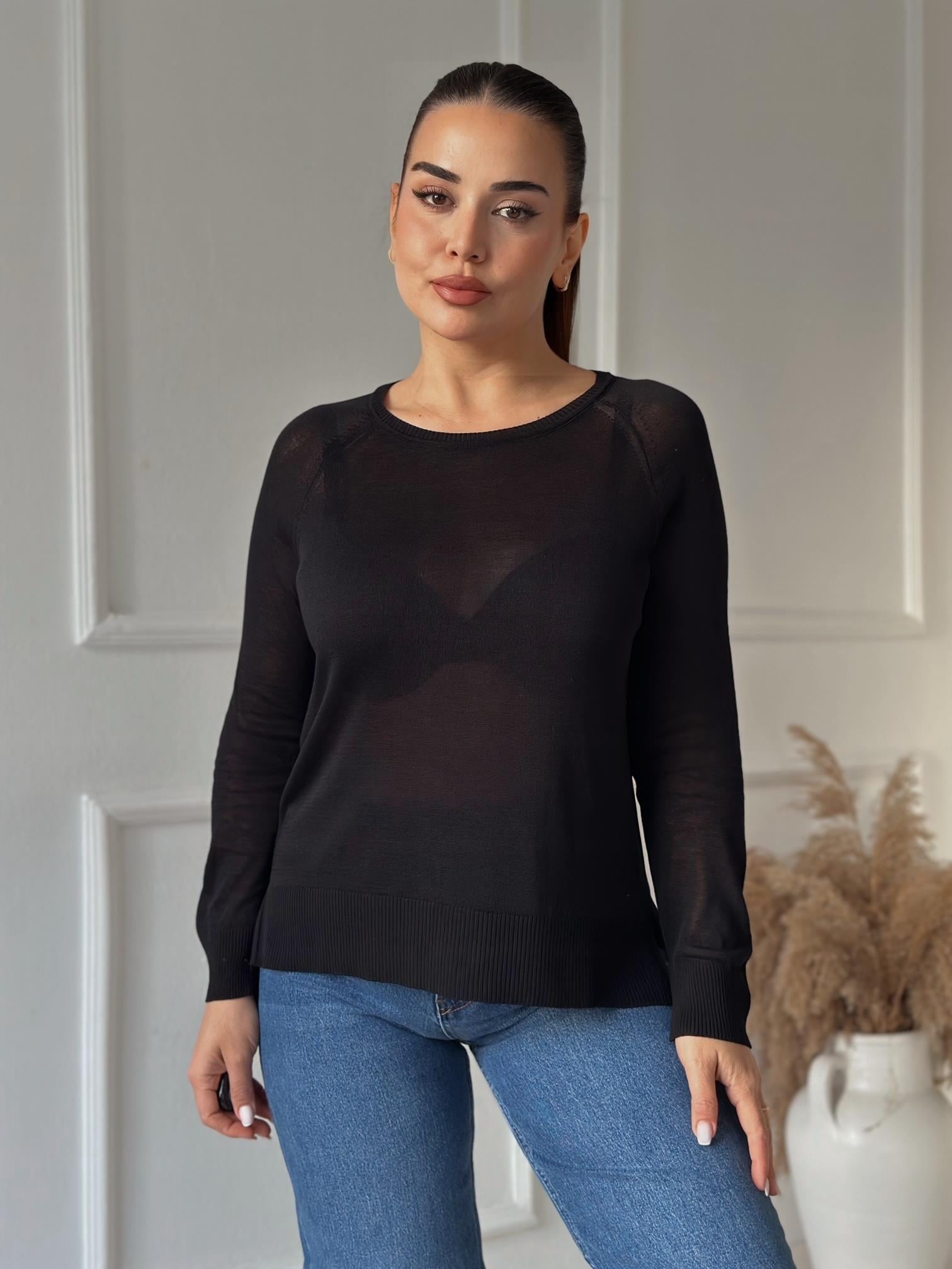 Soft Touch Basic İnce Reglan Triko Bluz - Siyah