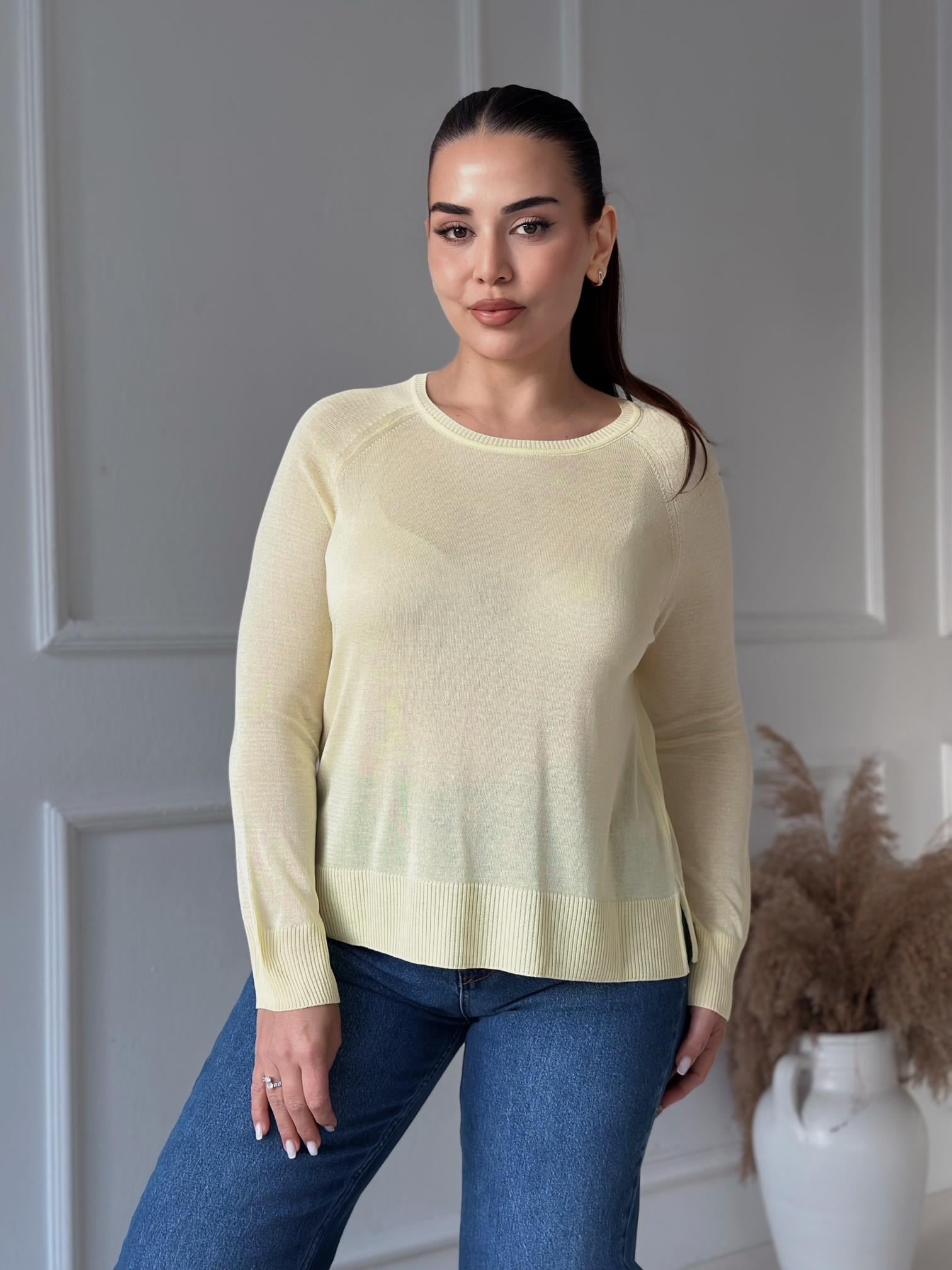 Soft Touch Basic İnce Reglan Triko Bluz - Sarı