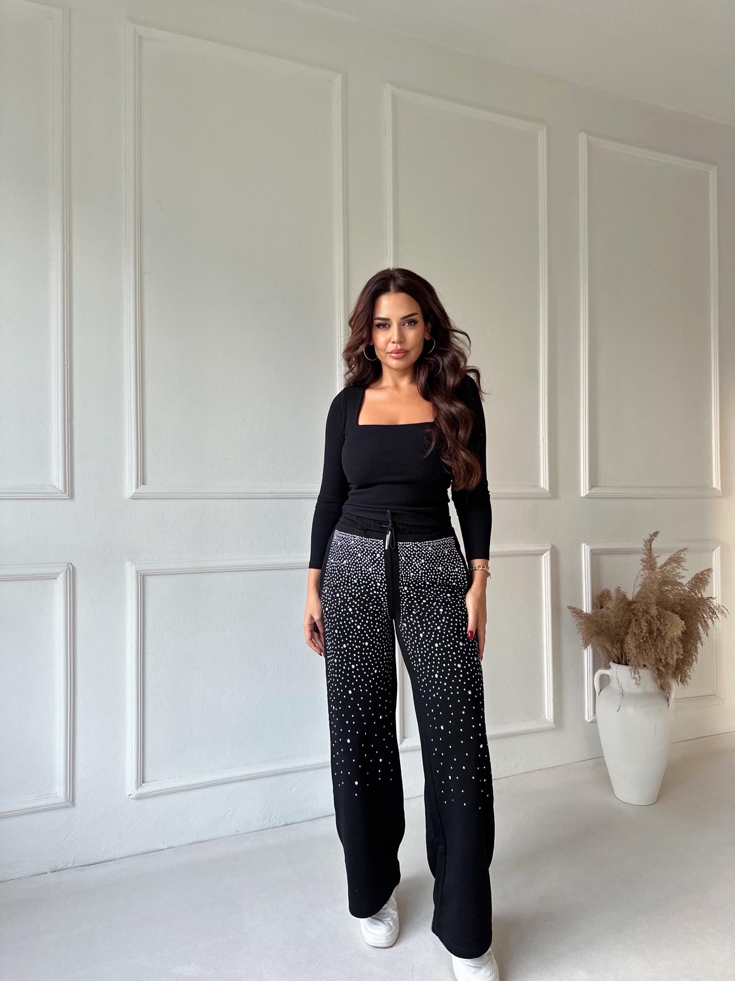 Taşlı Açık Siyah Bol Paça Eşofman Altı