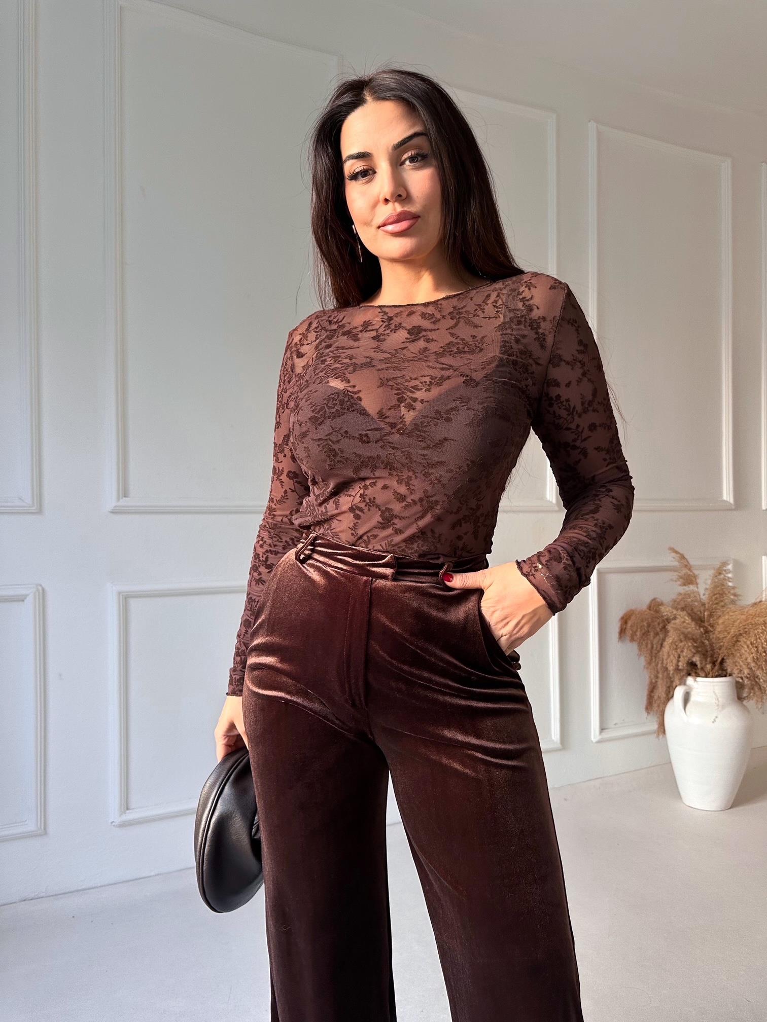 Transparan Flok Baskılı Dantel Uzun Kollu Body -Kahve