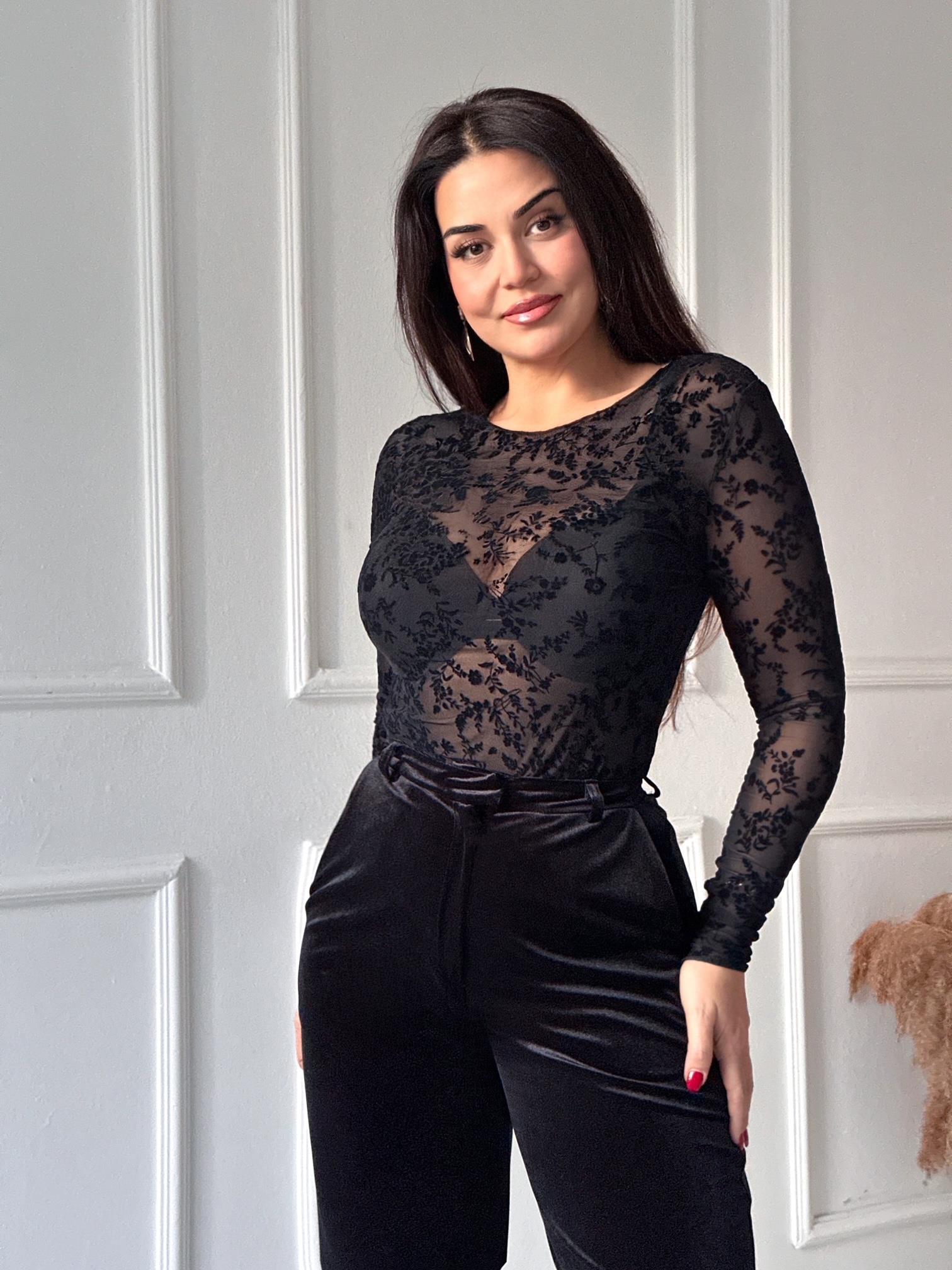 Transparan Flok Baskılı Dantel Uzun Kollu Body - Siyah