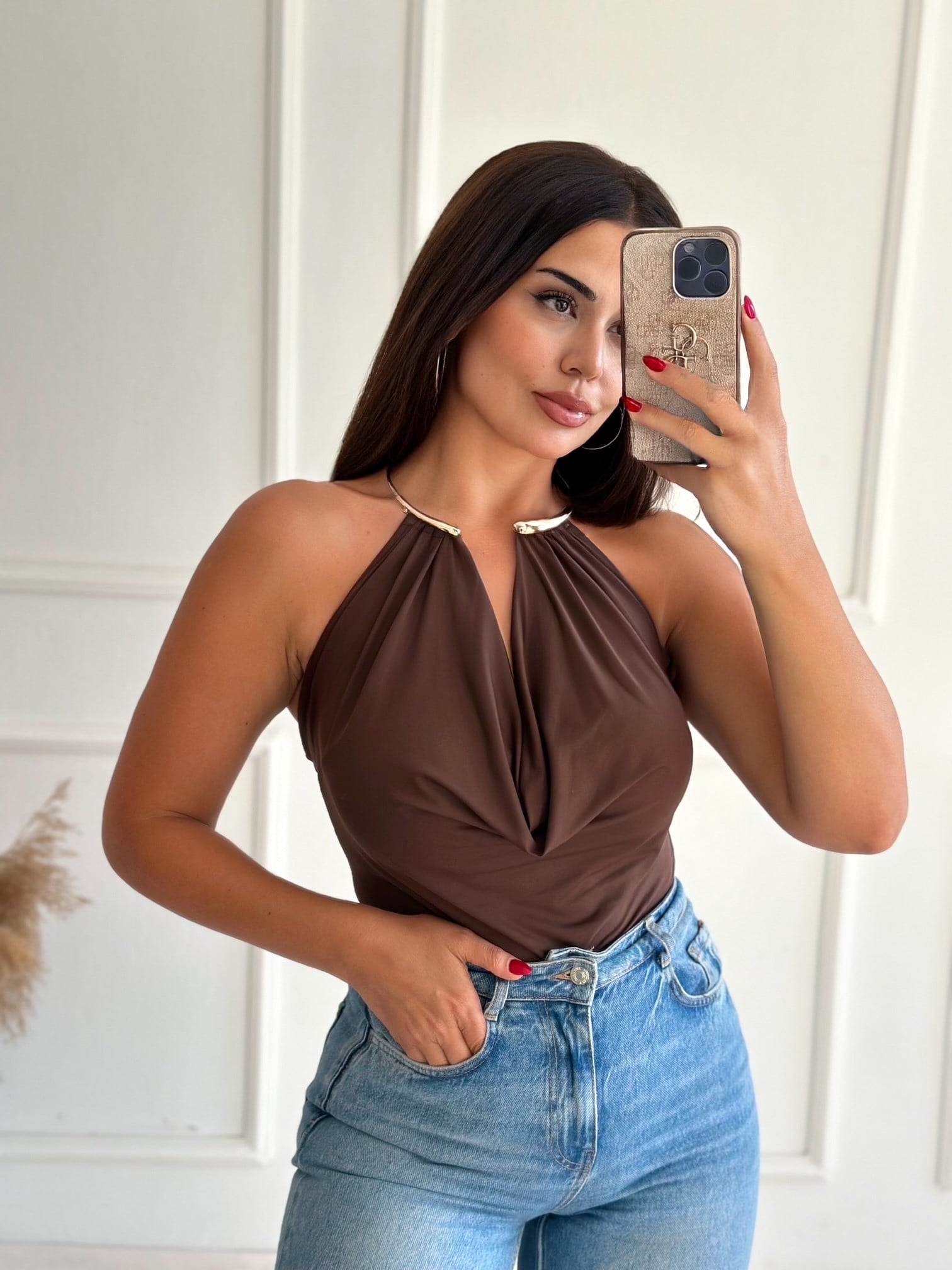 Valentina Gold Yaka Bluz - Kahve